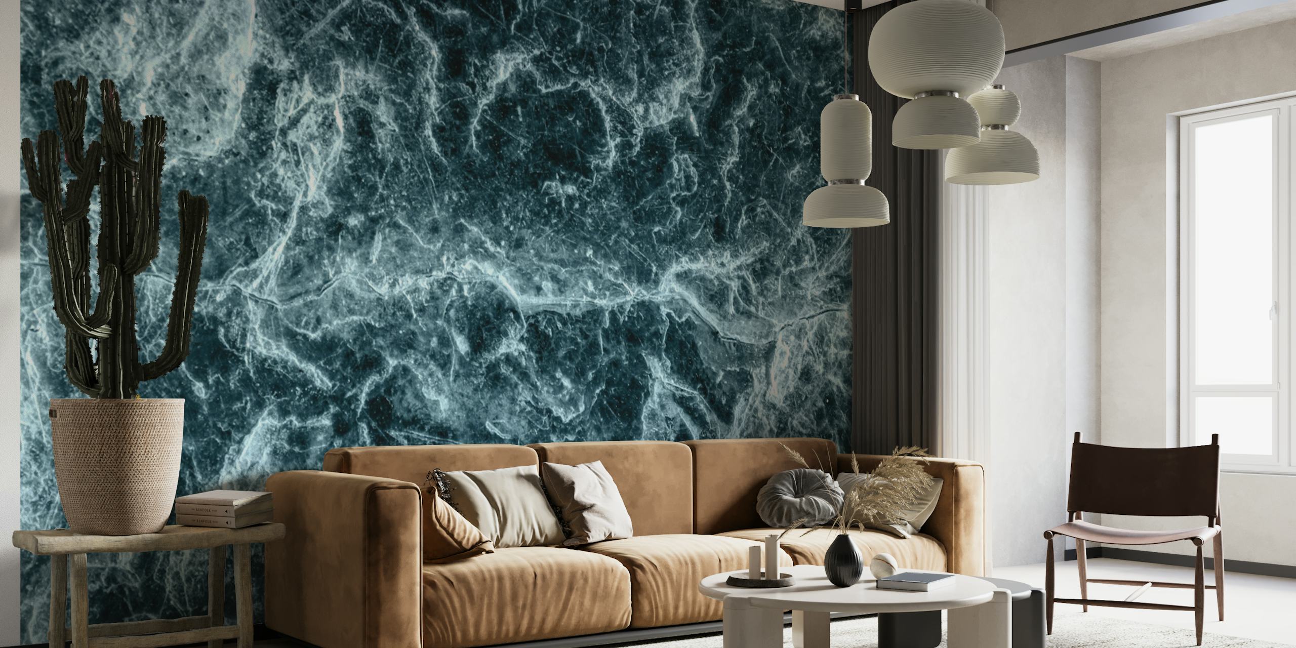 Abstract donkerblauw en wit marmeren patroon muurschildering