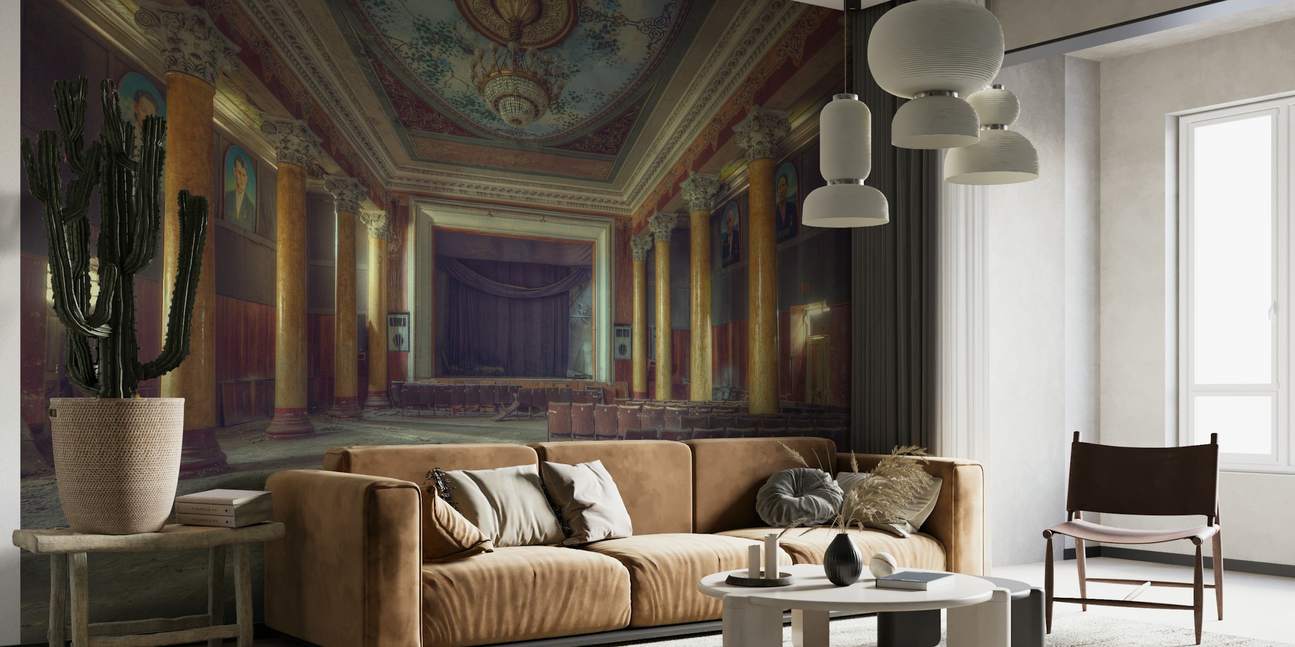 Vintage-style wall mural of an abandoned grand hall with ornate architectural details