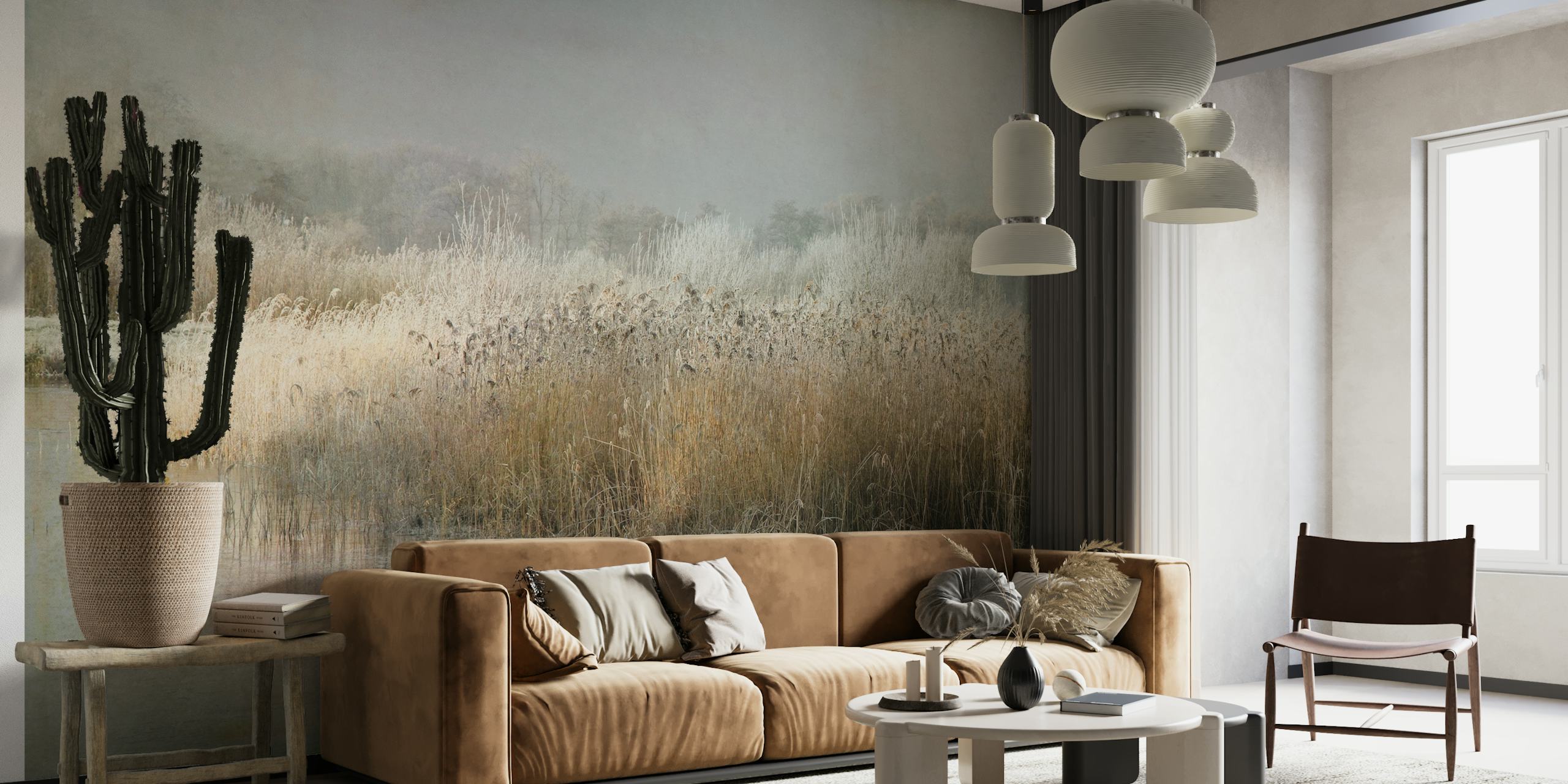 Wintermorning wall mural with frost-kissed reeds and a tranquil lake