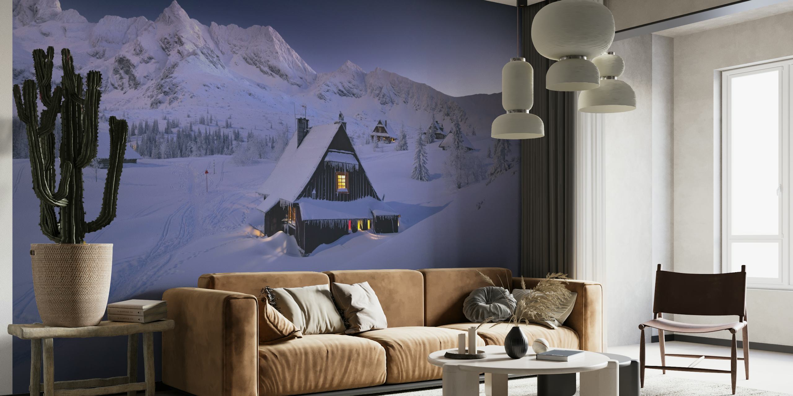 Acogedor mural de pared de cabaña de invierno rodeado de nieve prístina y cielo crepuscular