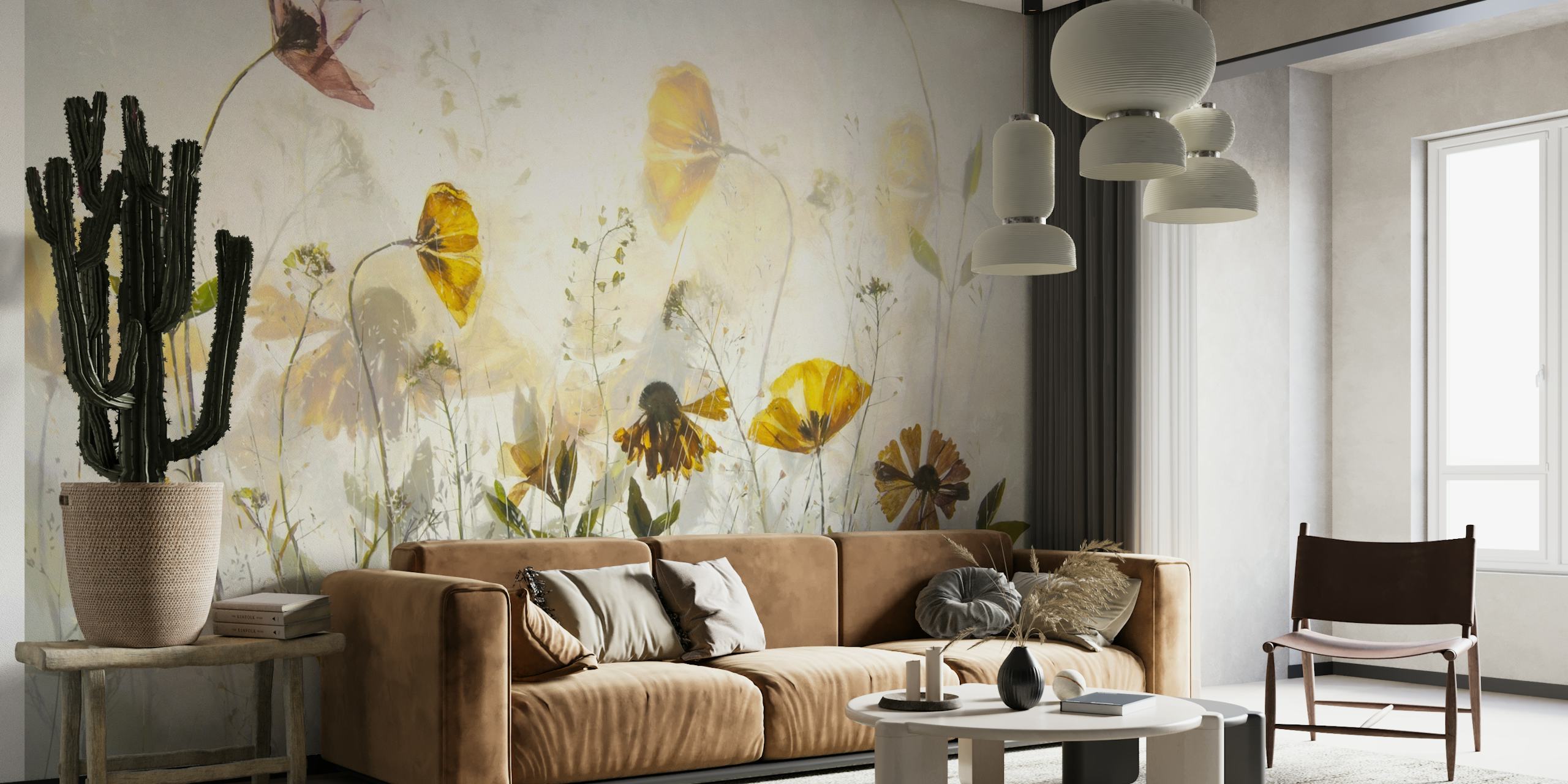 Flower Party vægmaleri med bløde pastelfarvede vilde blomster i et roligt design