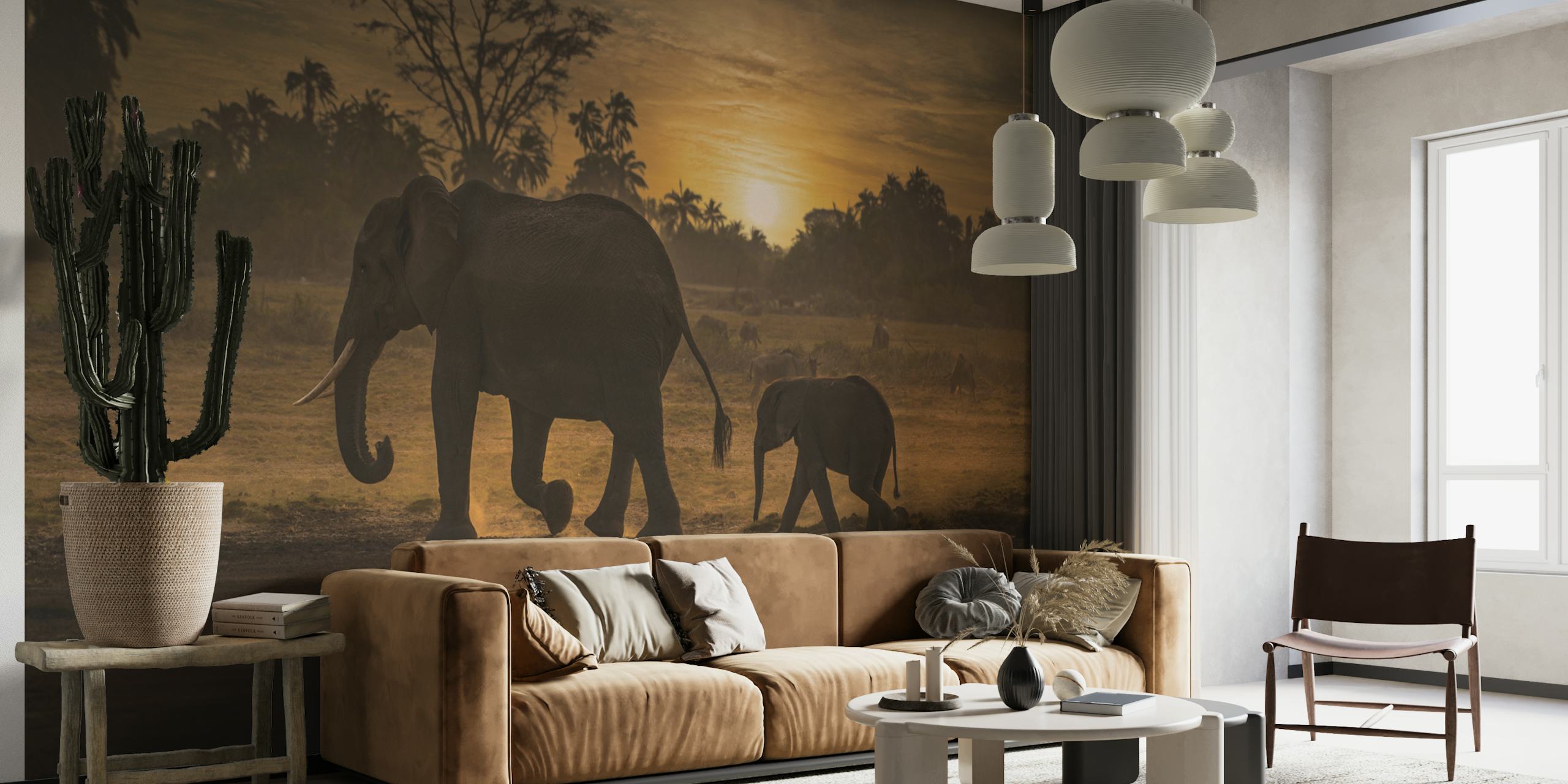 Elephants walking at sunset wallpaper