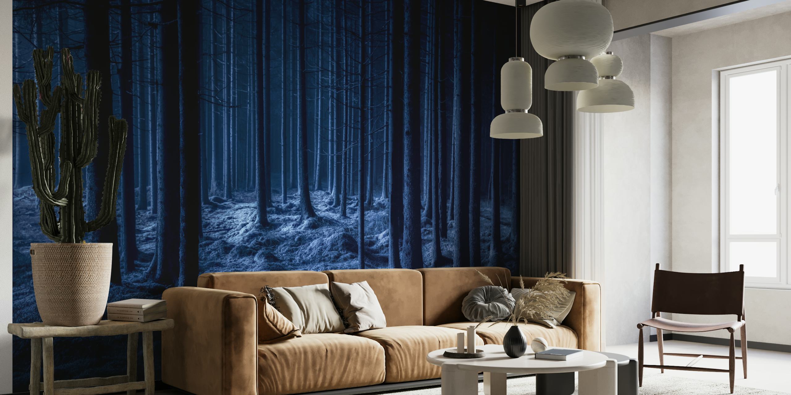 Eerie dark forest with tall trees and blue tones wallpaper