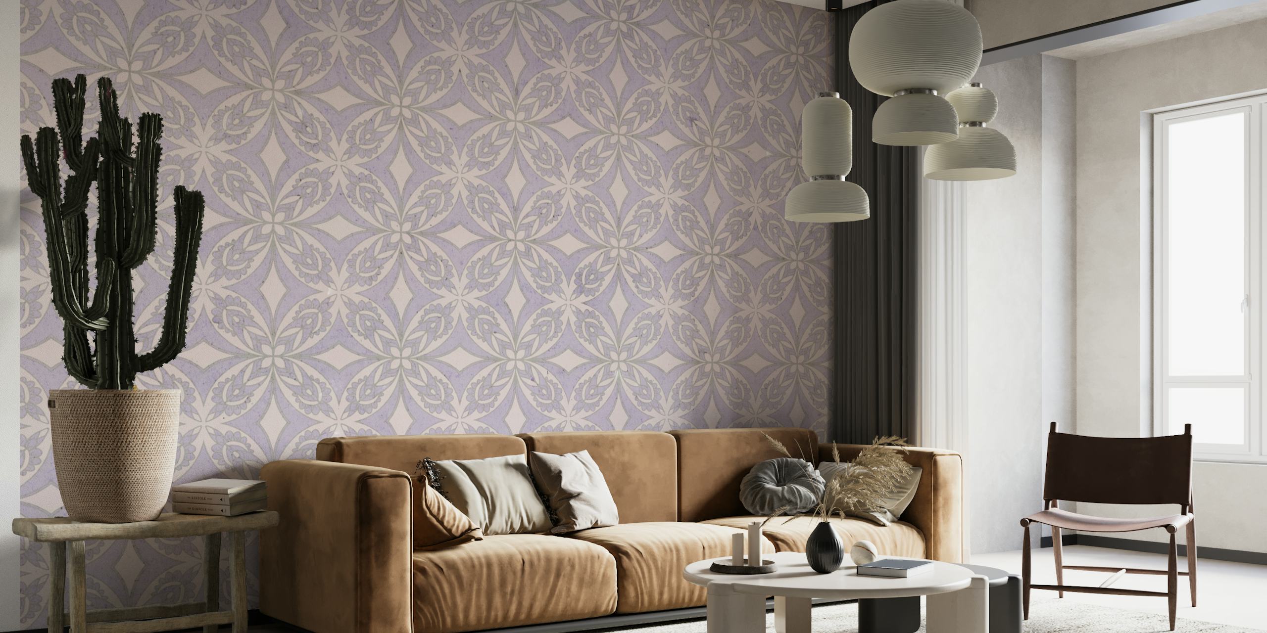 Elegante mural de pared con motivos de azulejos morados y diseños geométricos y florales