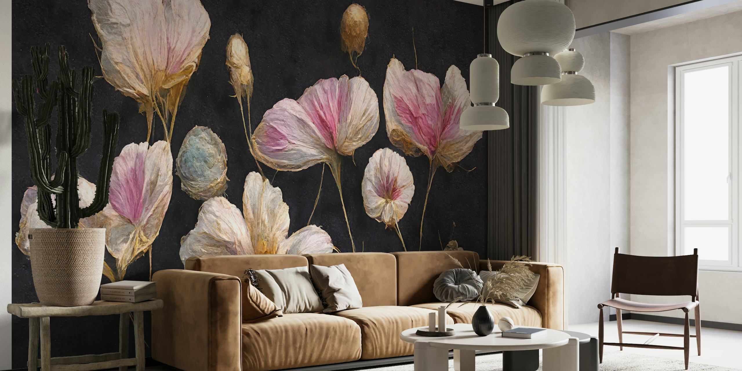 Pink dry flowers on a black background wallpaper