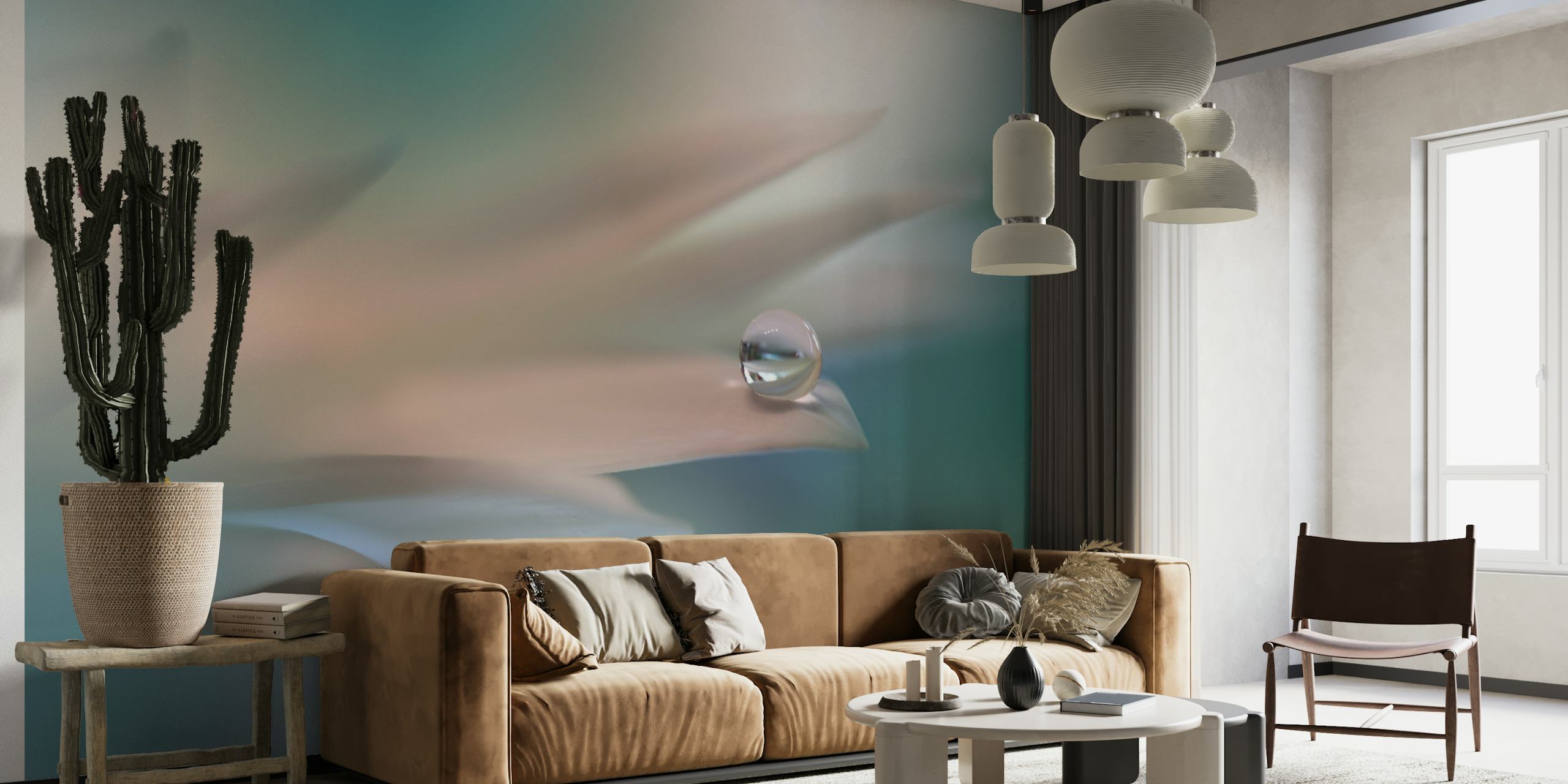 Abstract white symphony wall mural with delicate water droplet on petal
