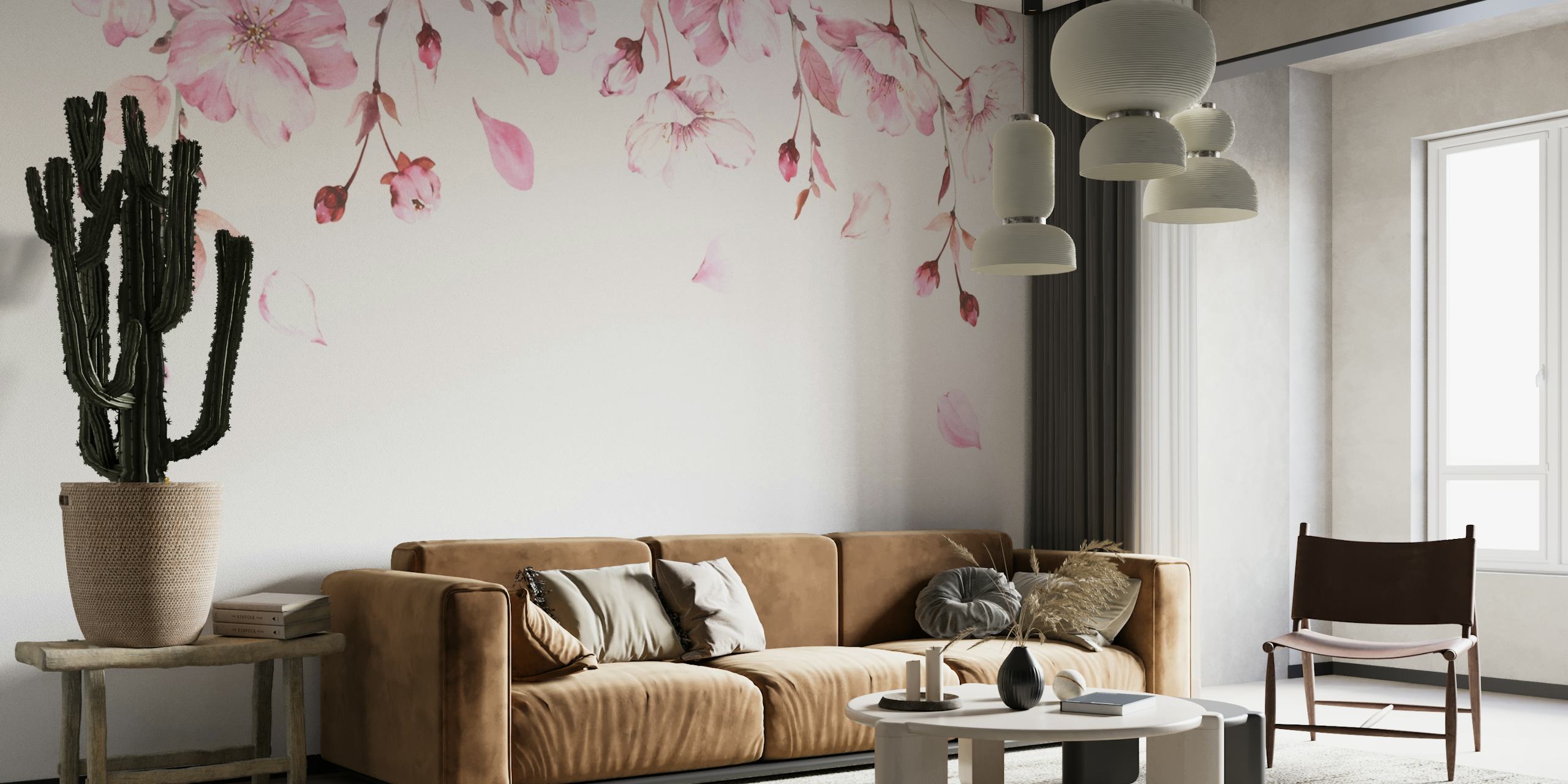 Seinämaalaus, jossa on pehmeä kukkiva kirsikankukkien kaskadi vaaleanpunaisen ja valkoisen lempein sävyin