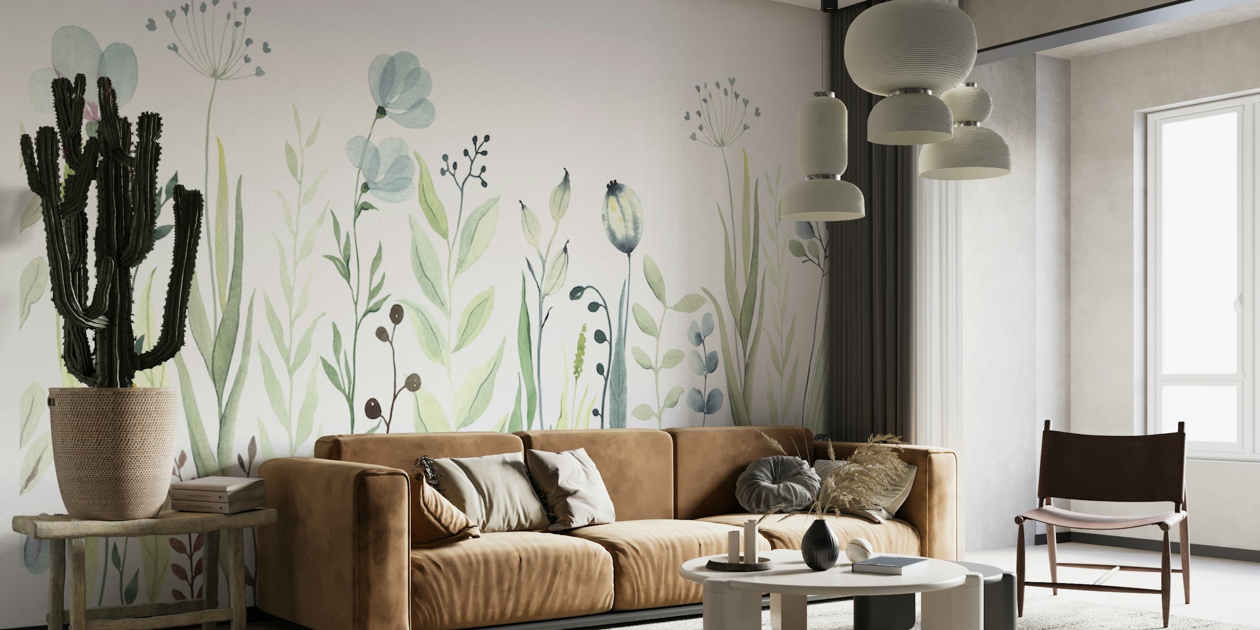 Delicate floral and greenery design in soft hues wallpaper