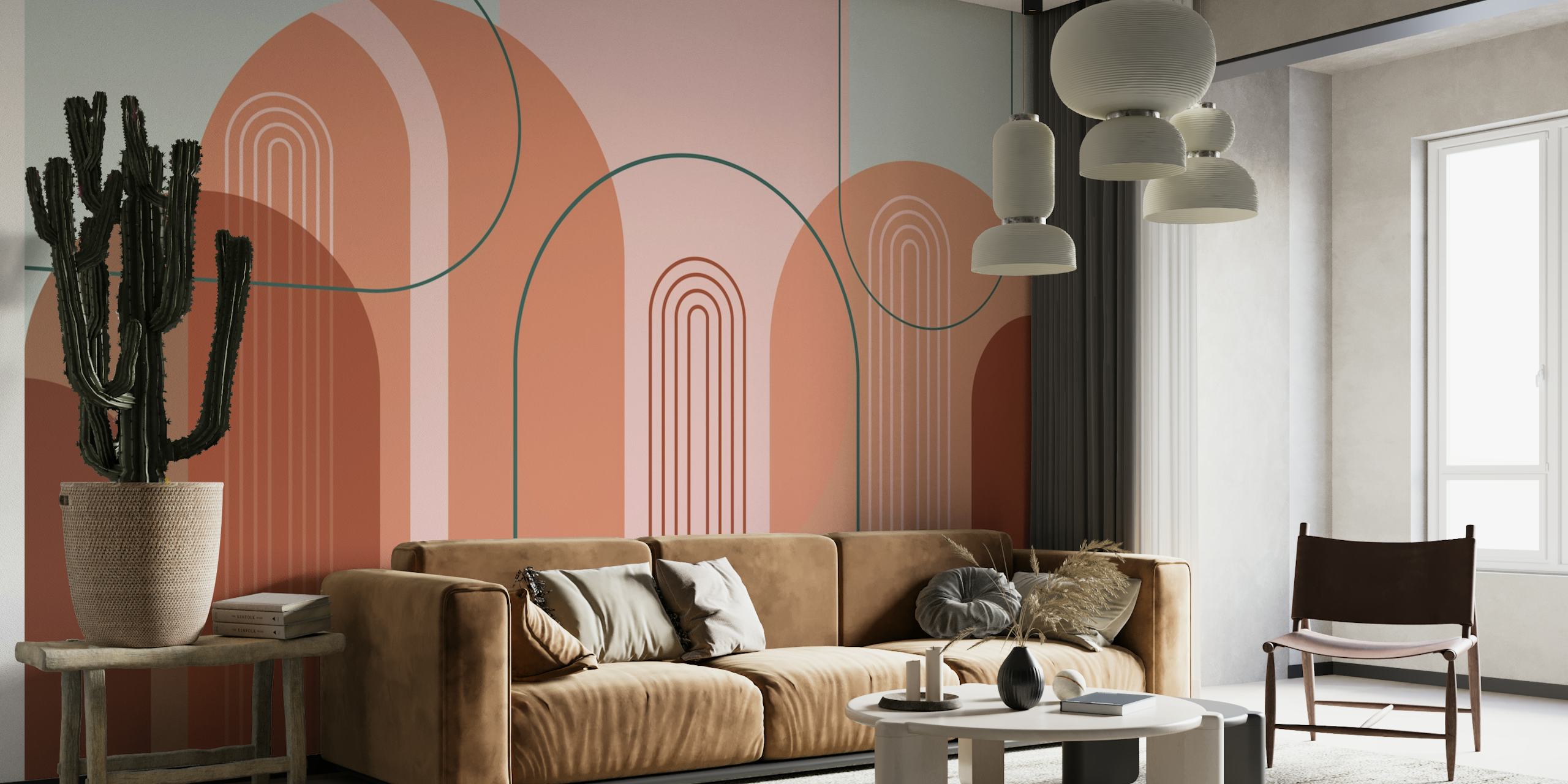 Abstract mid-century modern style wall mural with pastel geometric shapes and arches