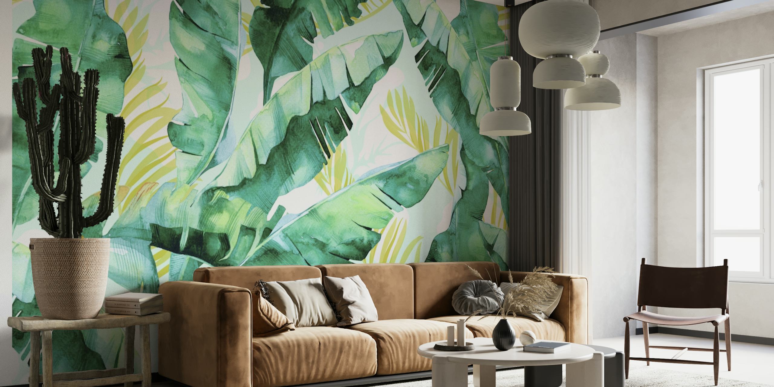 Elegant watercolor banana leaf wall mural with green tones and gold accents