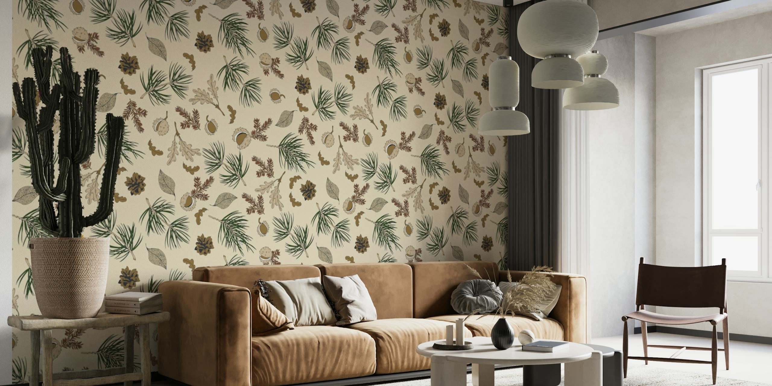 Autumnal wall mural with leaves, pine cones, and acorns pattern