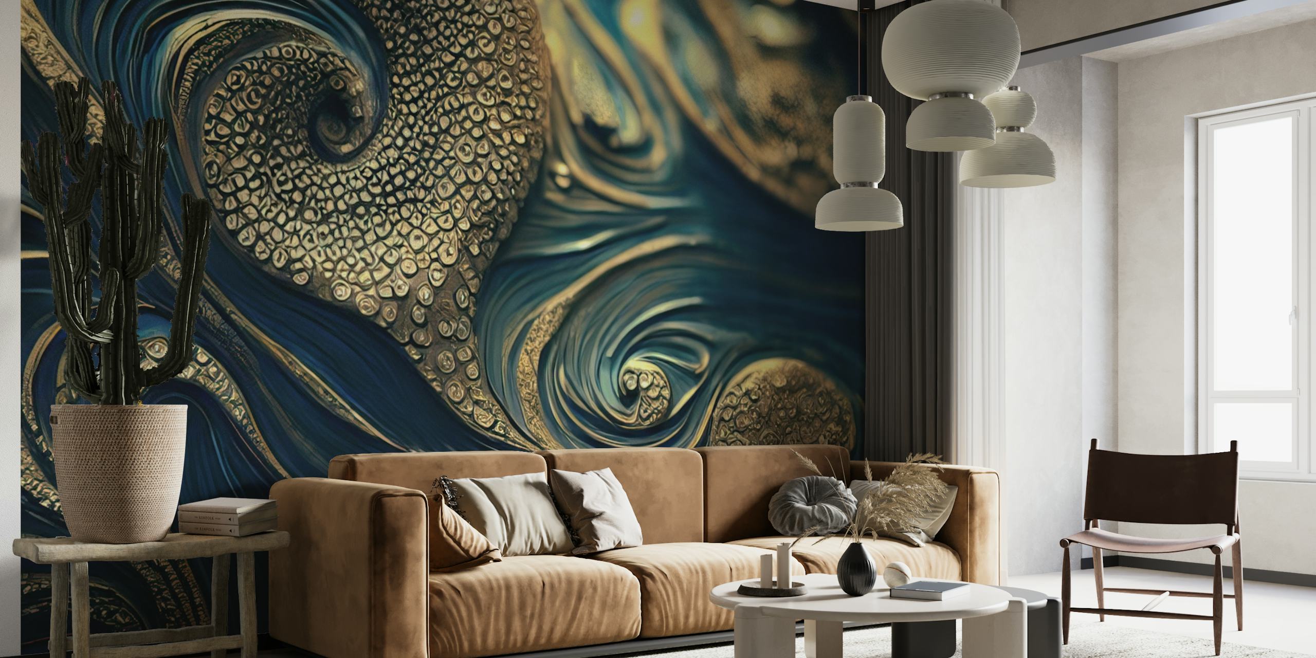 Abstrakti Octopus seinämaalaus, jossa pyörteileviä sinisiä kuvioita ja kultaisia aksentteja
