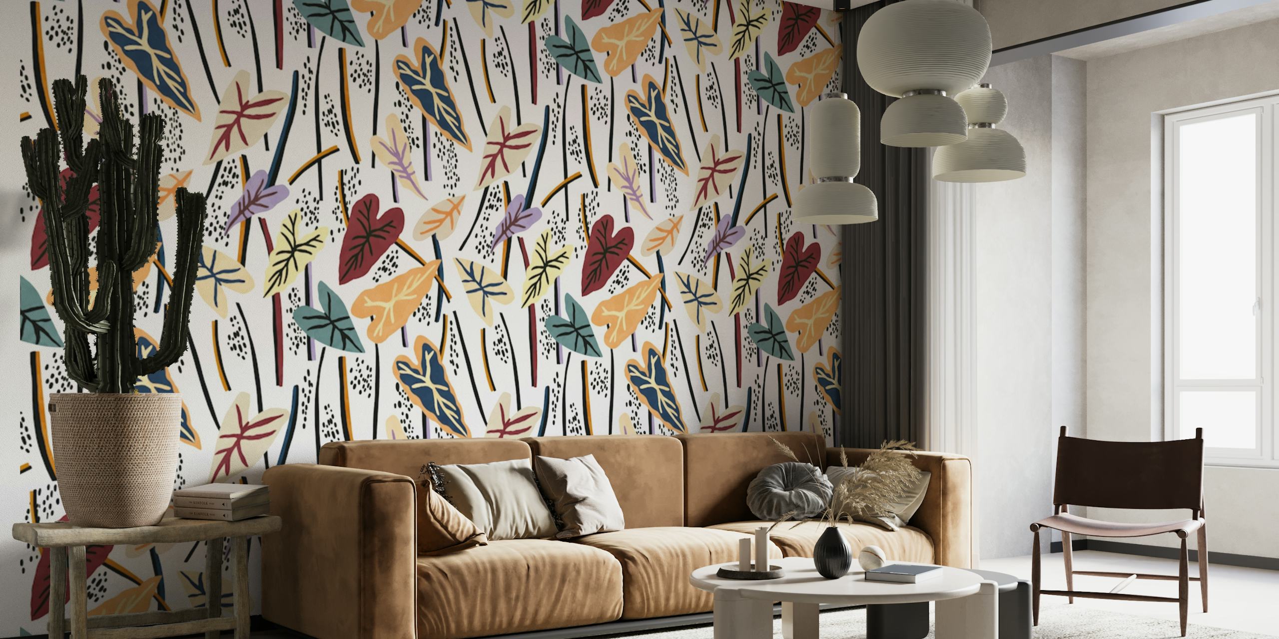 Colorful abstract leaf wall mural with a mixture of jungle motifs