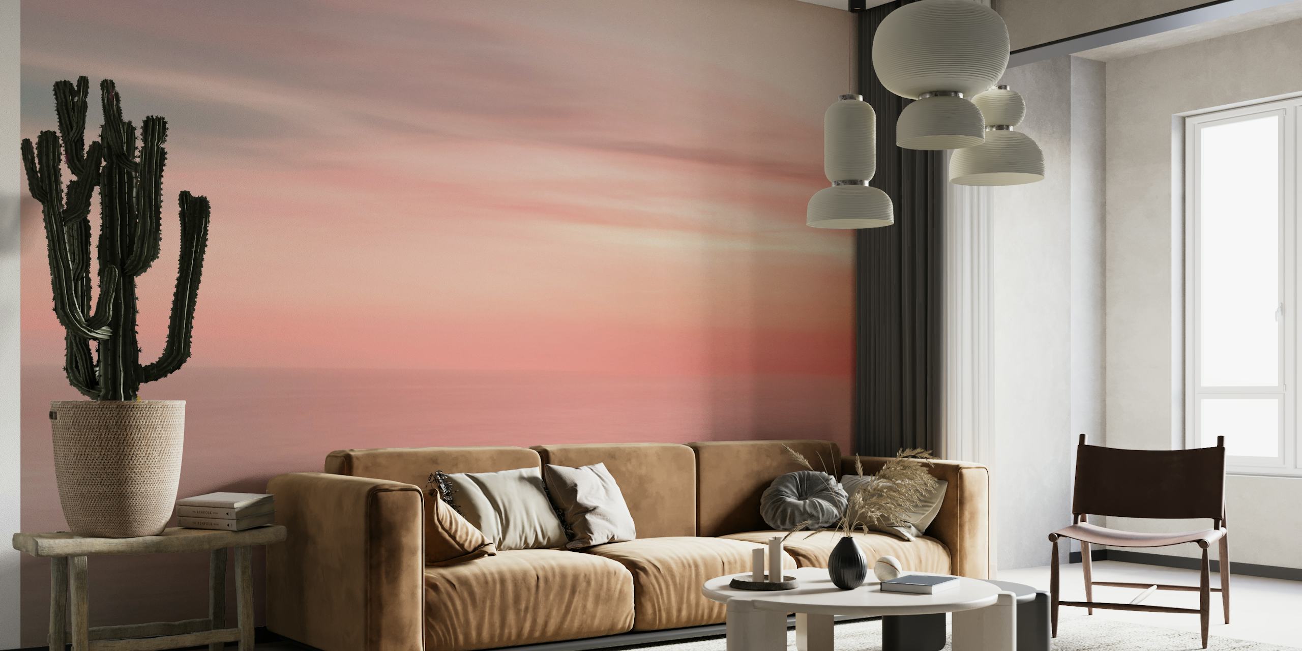 Wall mural of a colorful sunset sky with pink and orange hues reflecting on the ocean