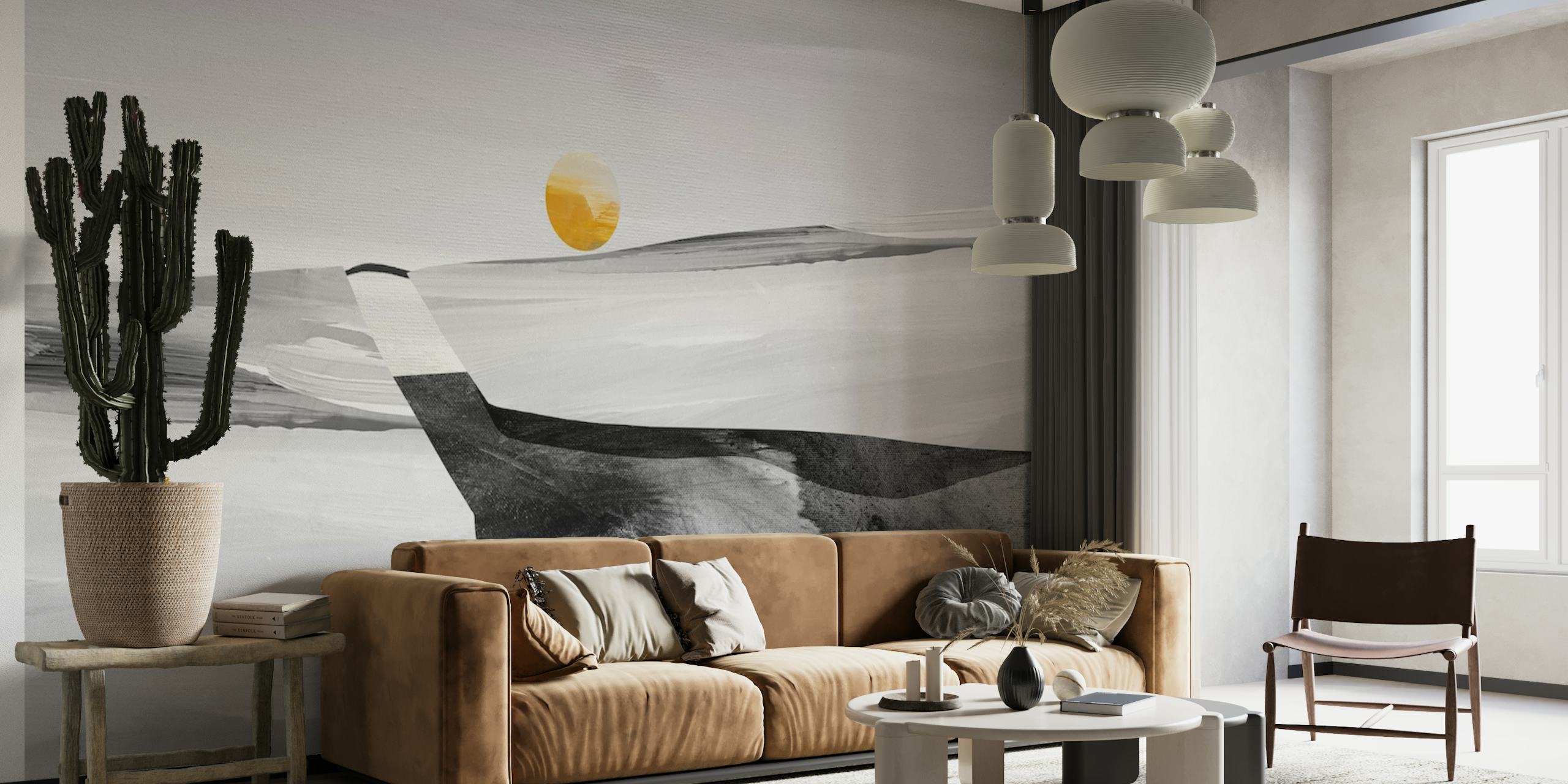 Abstract black and white ink landscape wall mural with a muted sun