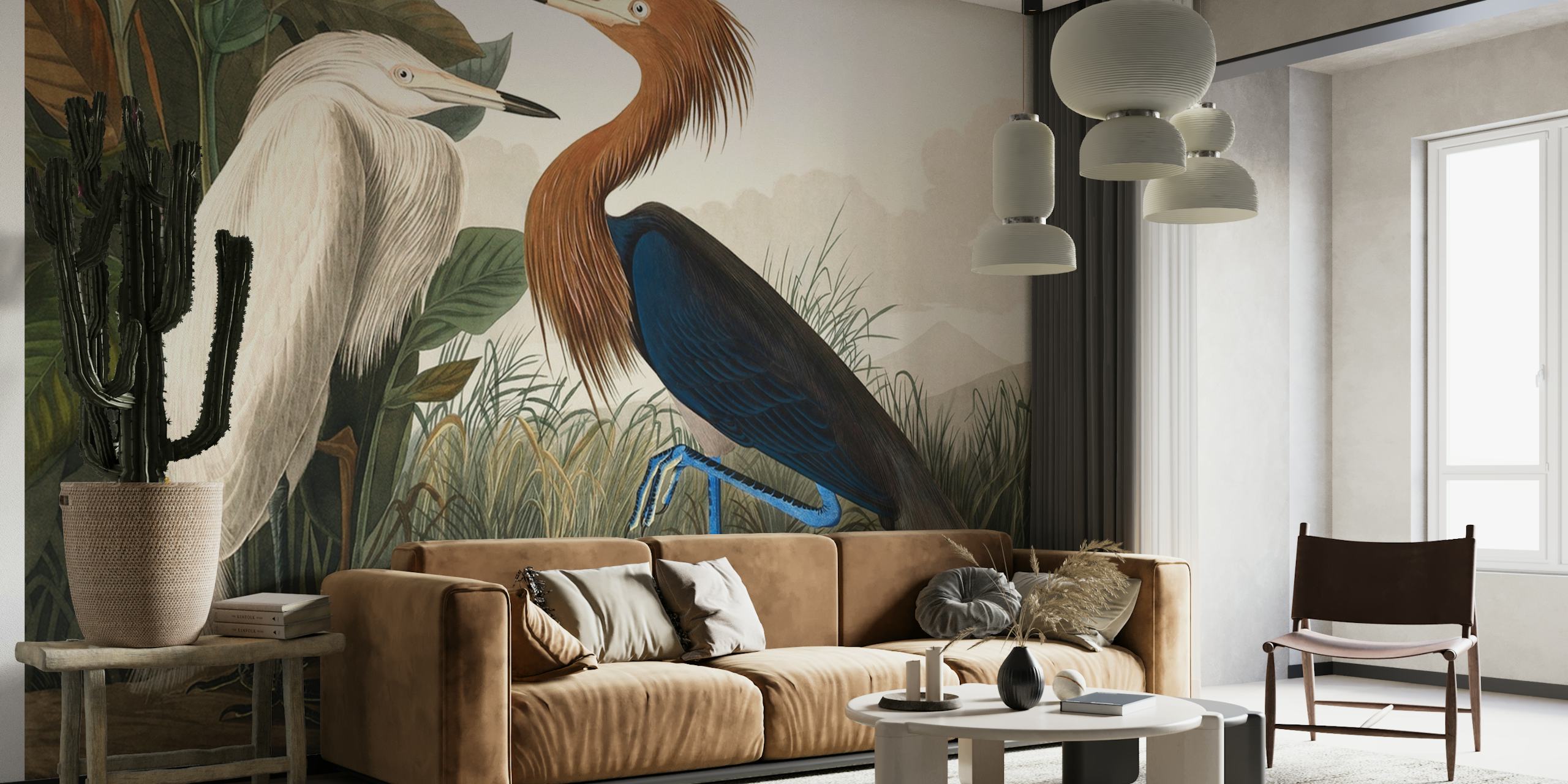 Two vintage tropical birds in a natural setting with green foliage wallpaper.