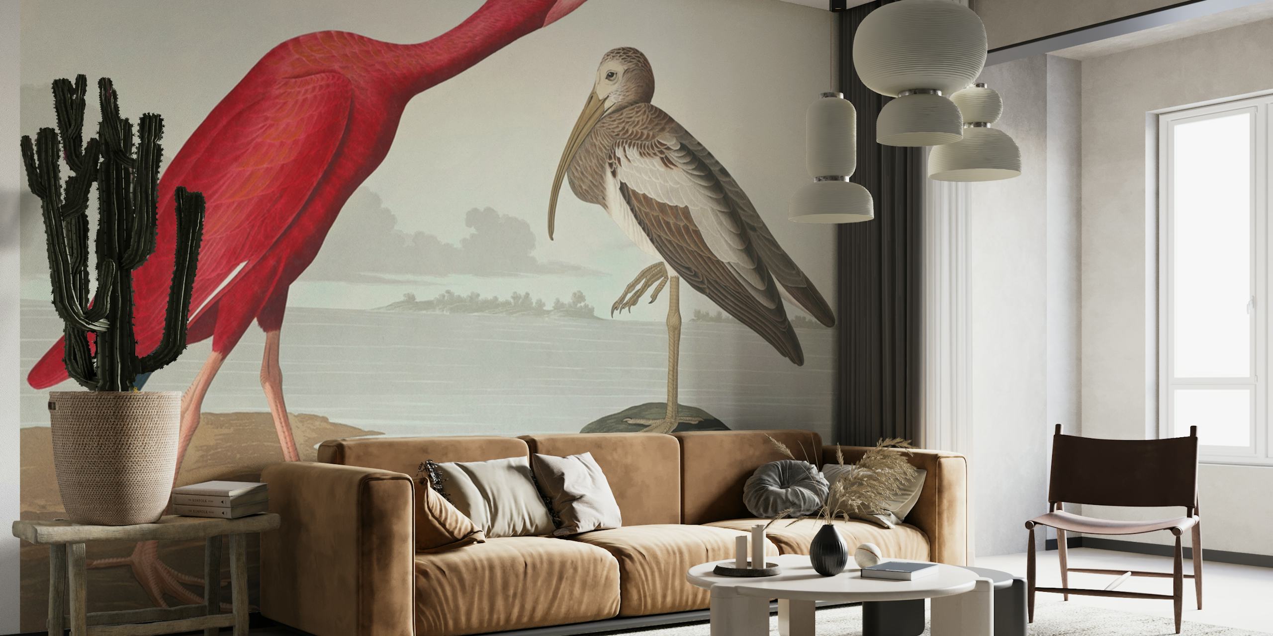 Illustrative wall mural of vintage tropical birds in subtle colors