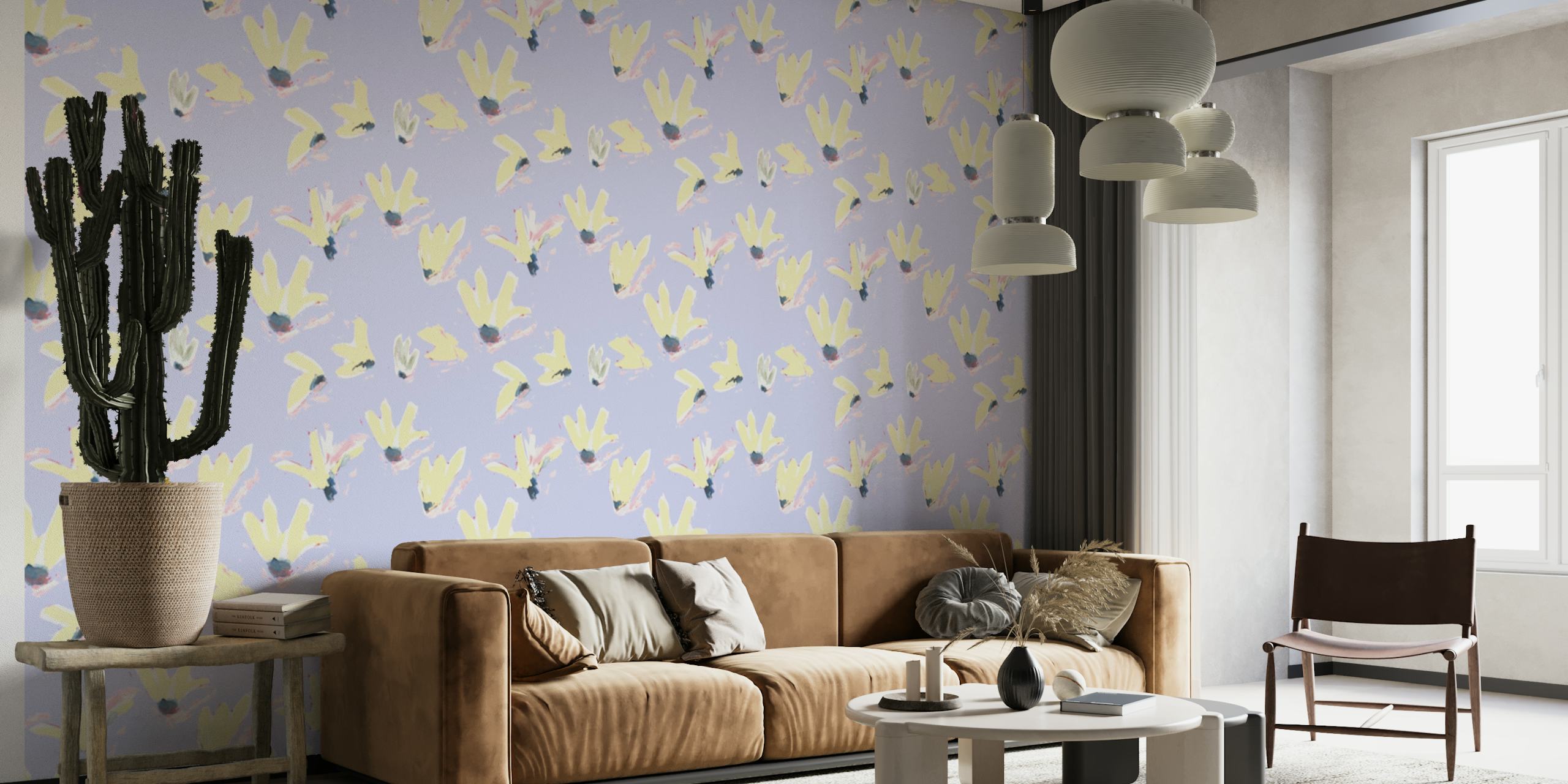 Lavender floral wall mural with blooming yellow and white flowers pattern