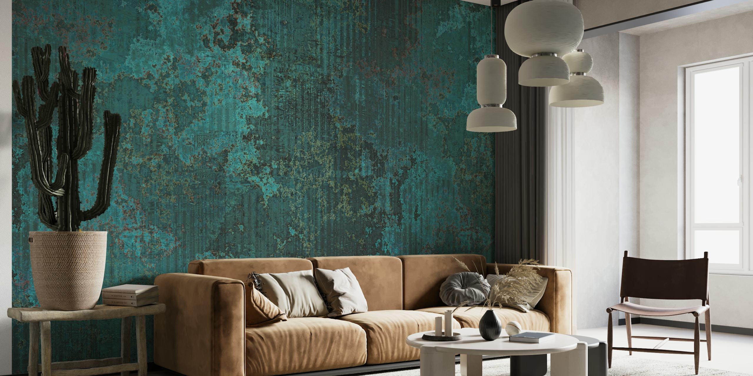 Fotomural de pared con textura de metal corroído de color verde azulado oscuro con una mezcla de elegancia rústica.