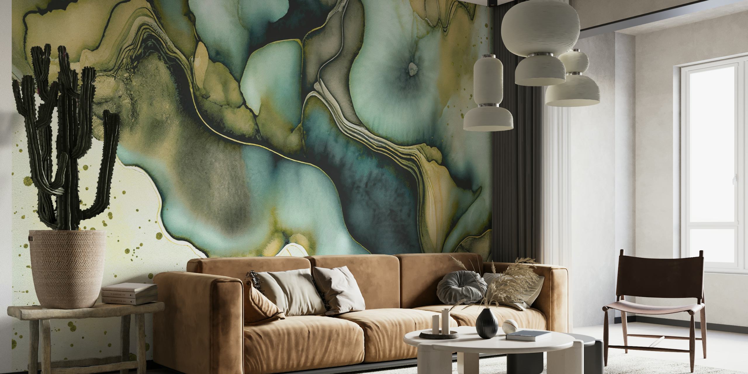 Green Watercolor Flow wall mural with a blend of aqua, olive hues, and golden accents