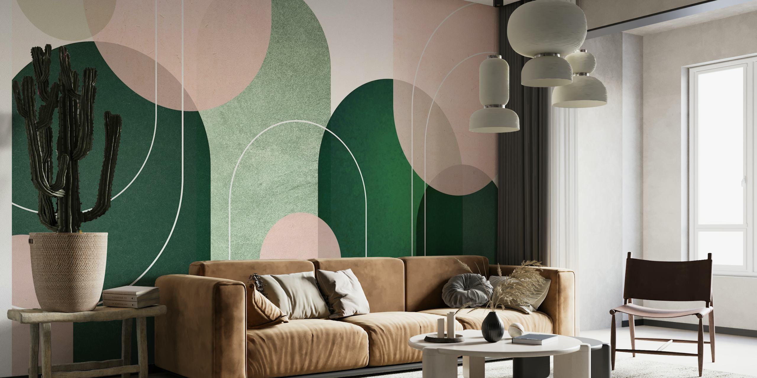 Fototapete „Abstract Archways Pink Green“ mit beruhigenden rosa und grünen Bögen in minimalistischem Design