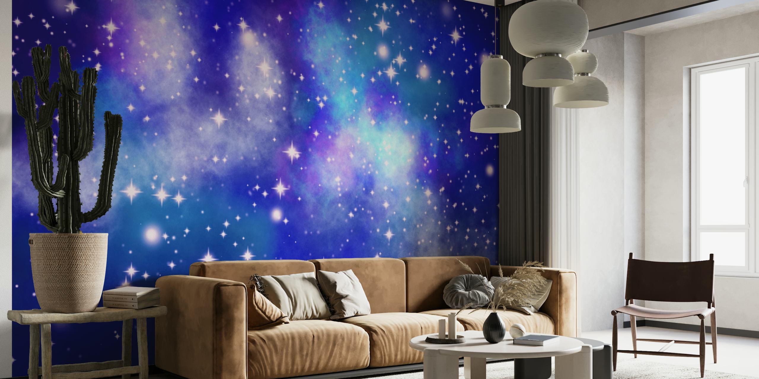 Sterrenhemel met verschillende tinten blauw en fonkelende sterren die een muurschildering met uitzicht op de Melkweg vertegenwoordigen