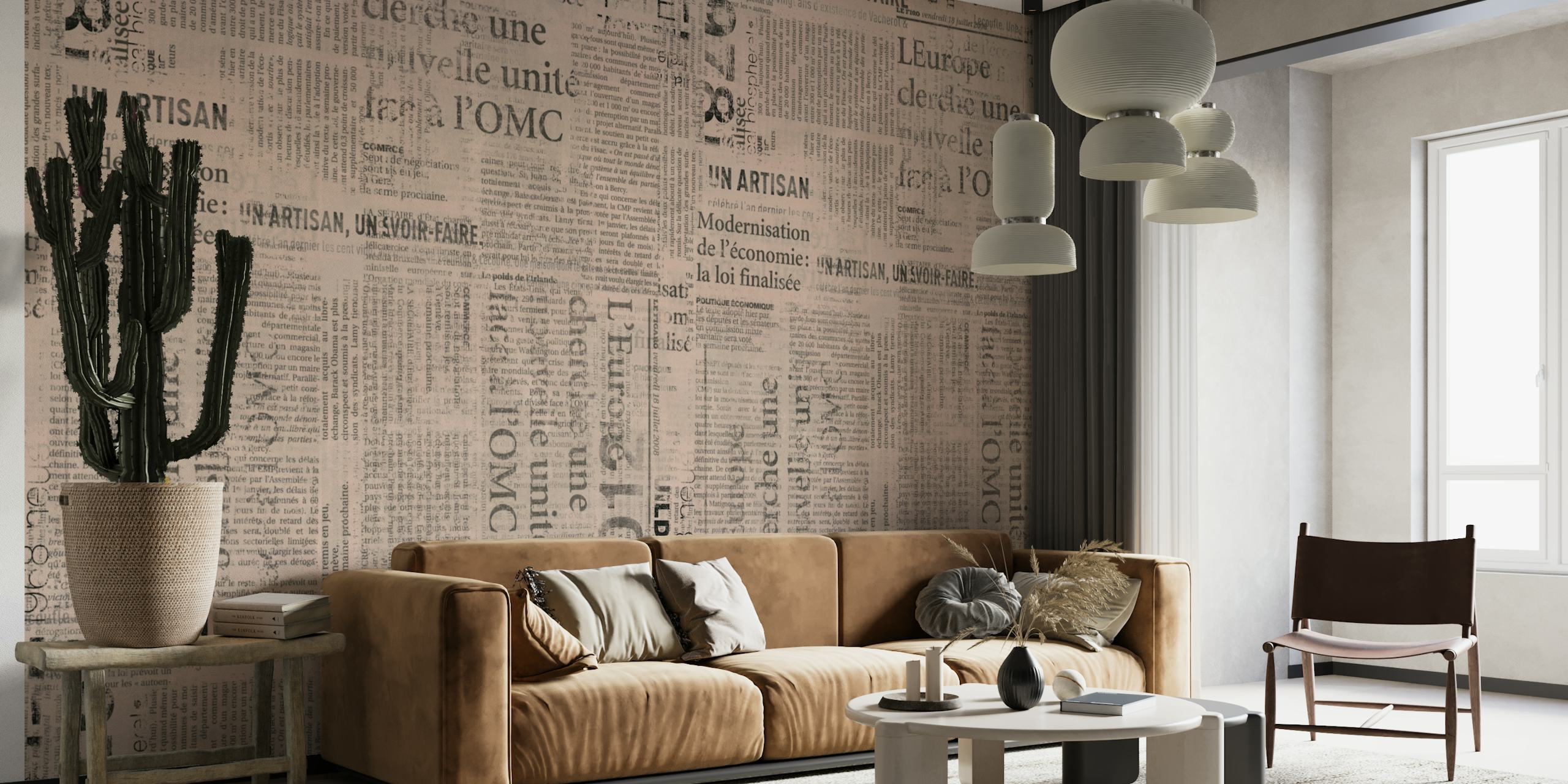 Vintage newspaper collage wall mural for a timeless interior decor statement.