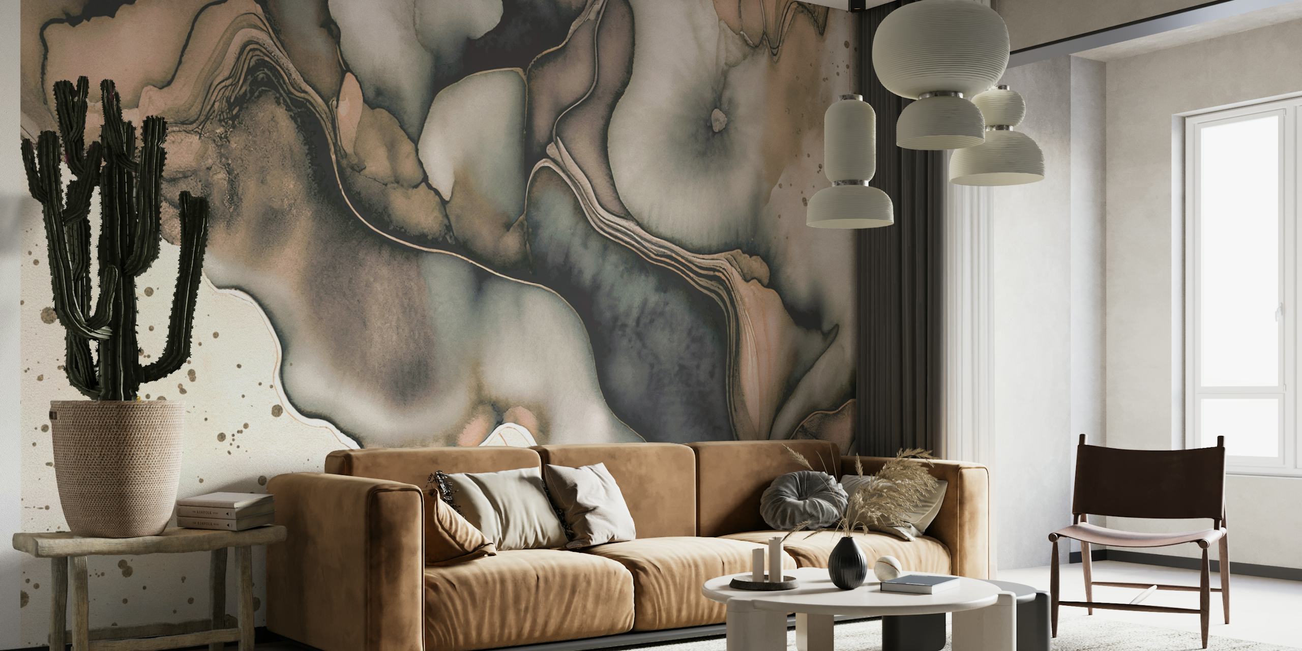 Abstrakt blæk-inspireret vægmaleri med bløde grå og beige