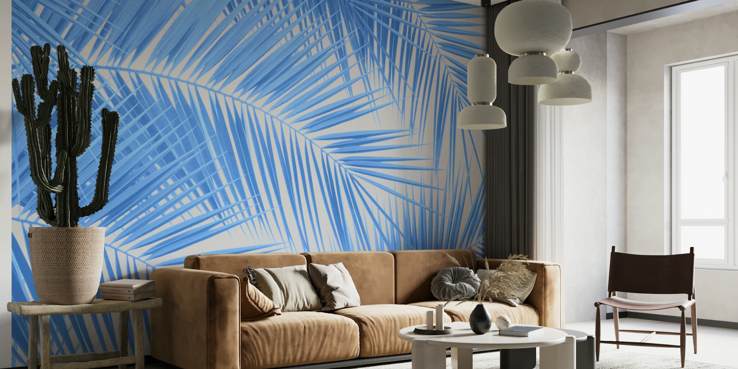 Blue palm -tapettisuunnittelu huoneessa