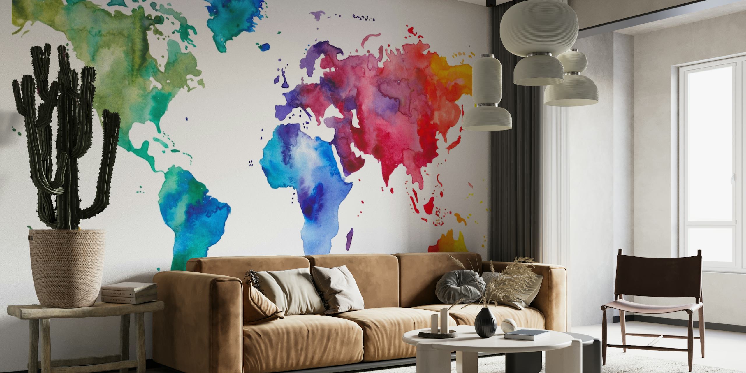 Colorful watercolor world map wallpaper in vibrant hues