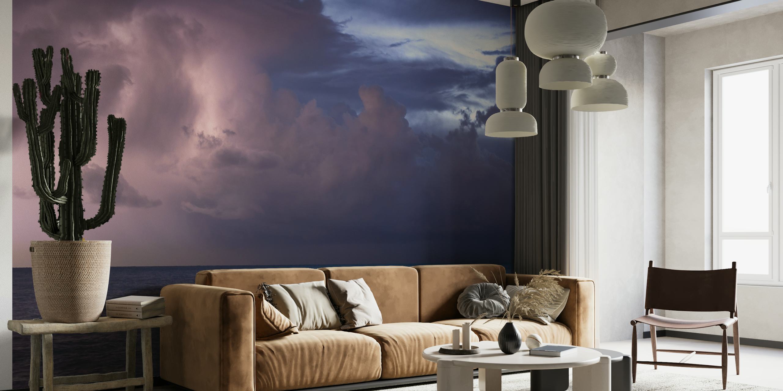 Seaside at dusk wall mural with dramatic clouds and calm ocean