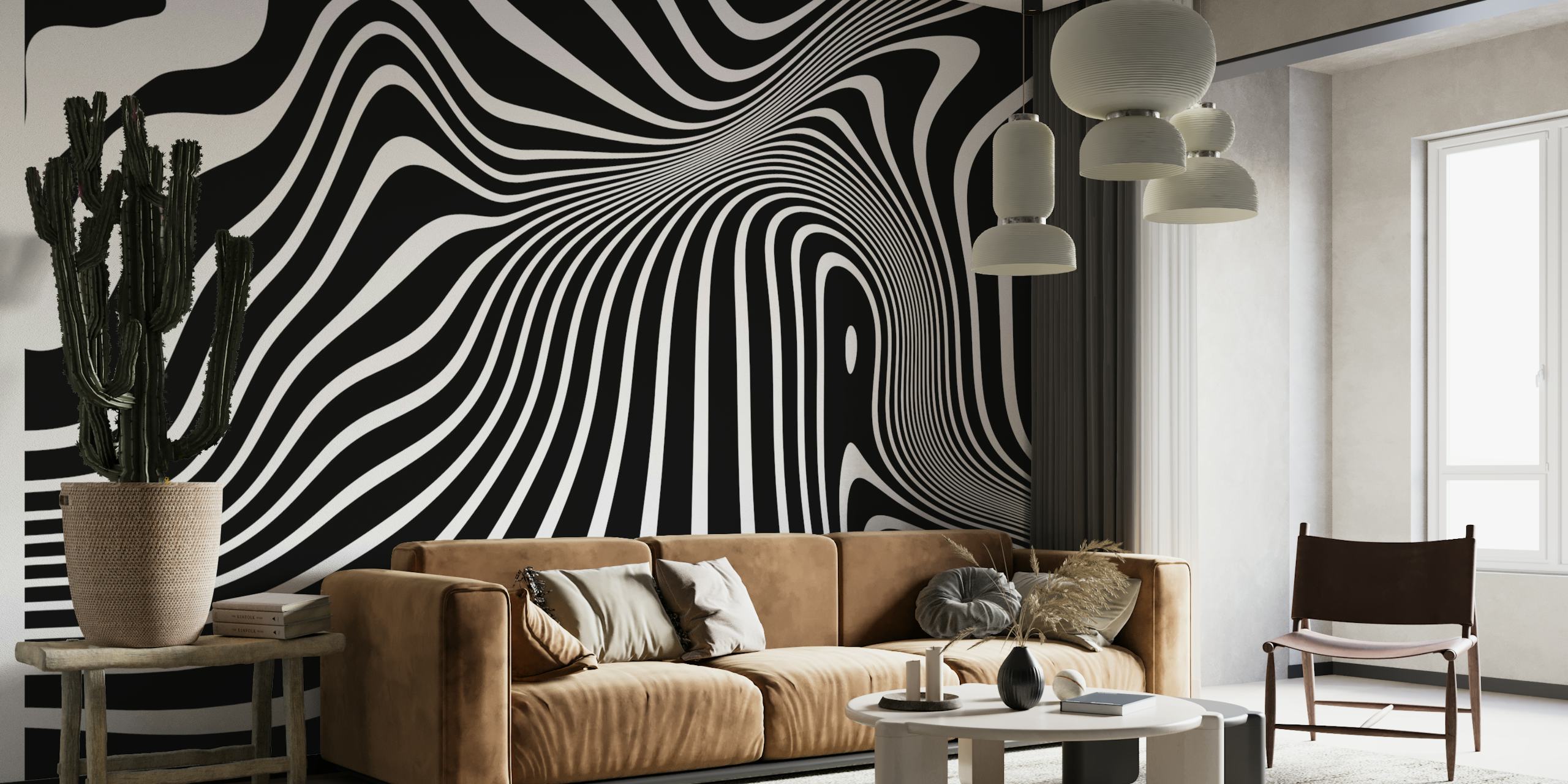 Minimalistinen mustavalkoinen op-art seinämaalaus sulavilla viivoilla