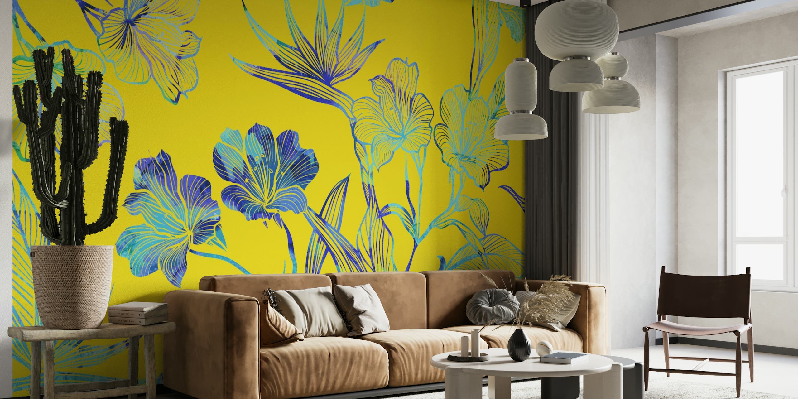 Blauwe en violette bloemen op een gele achtergrondmuurschildering
