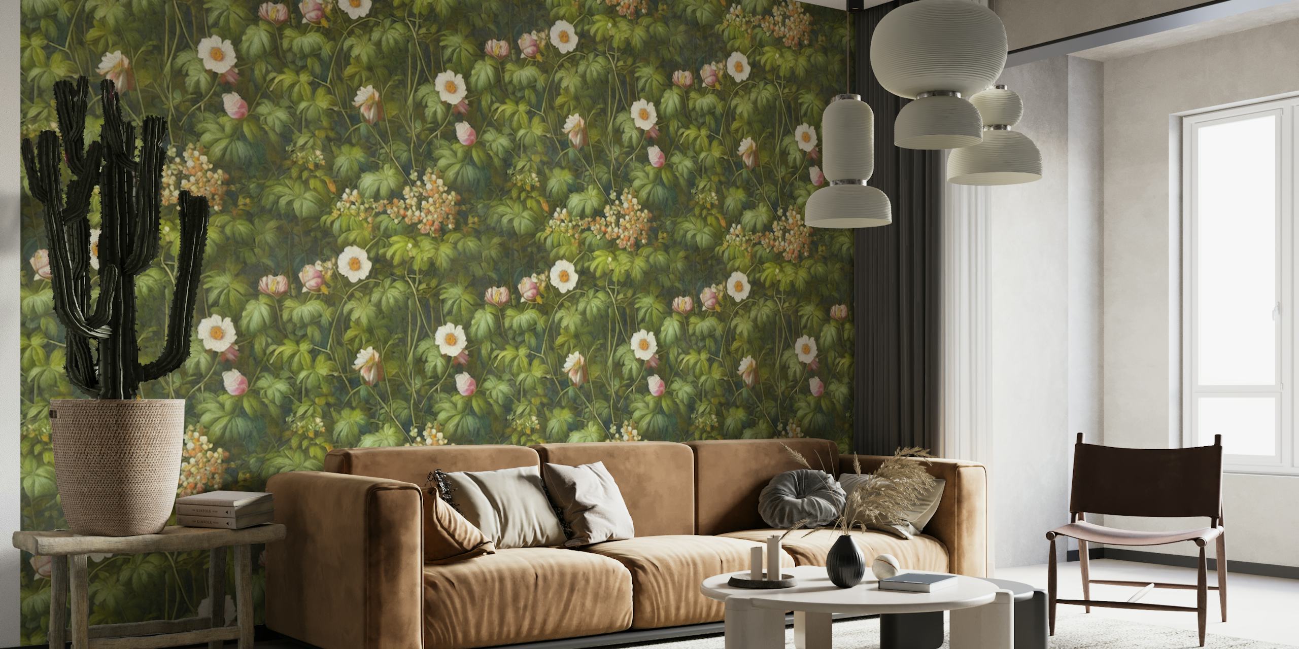 Greenery wall mural with white flowers design