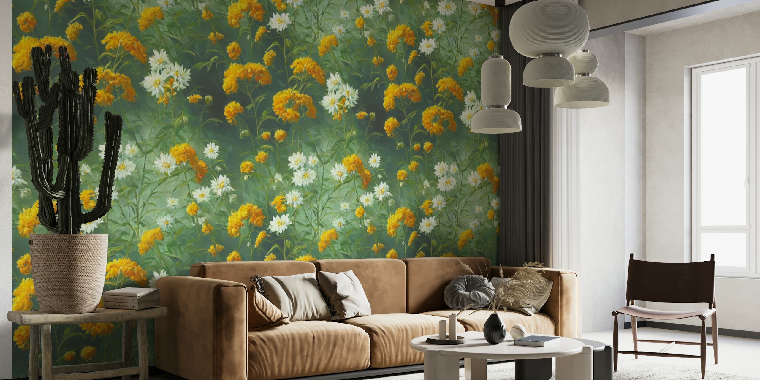 Motivo con fiori di gelsomino e foglie di tè verde su un murale con sfondo giallo