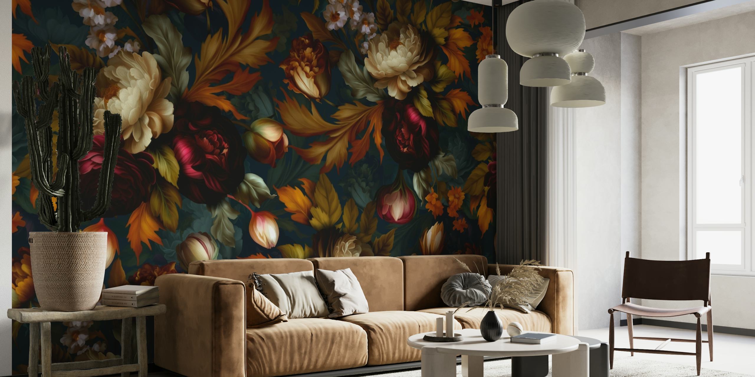 Dark floral pattern with burgundy, cream, and gold colors wallpaper