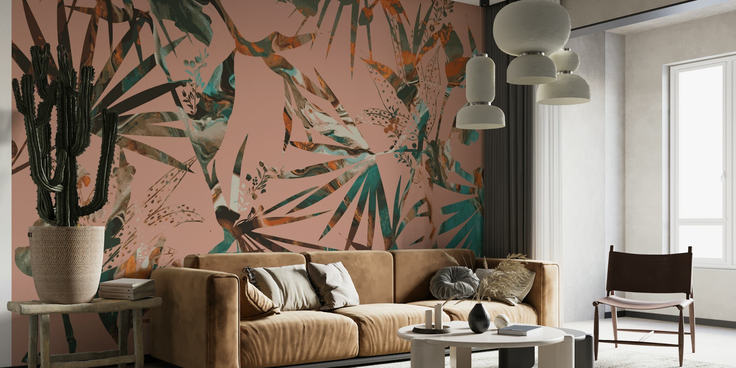 Tropical palm leaves and exotic plants wall mural in pastel tones