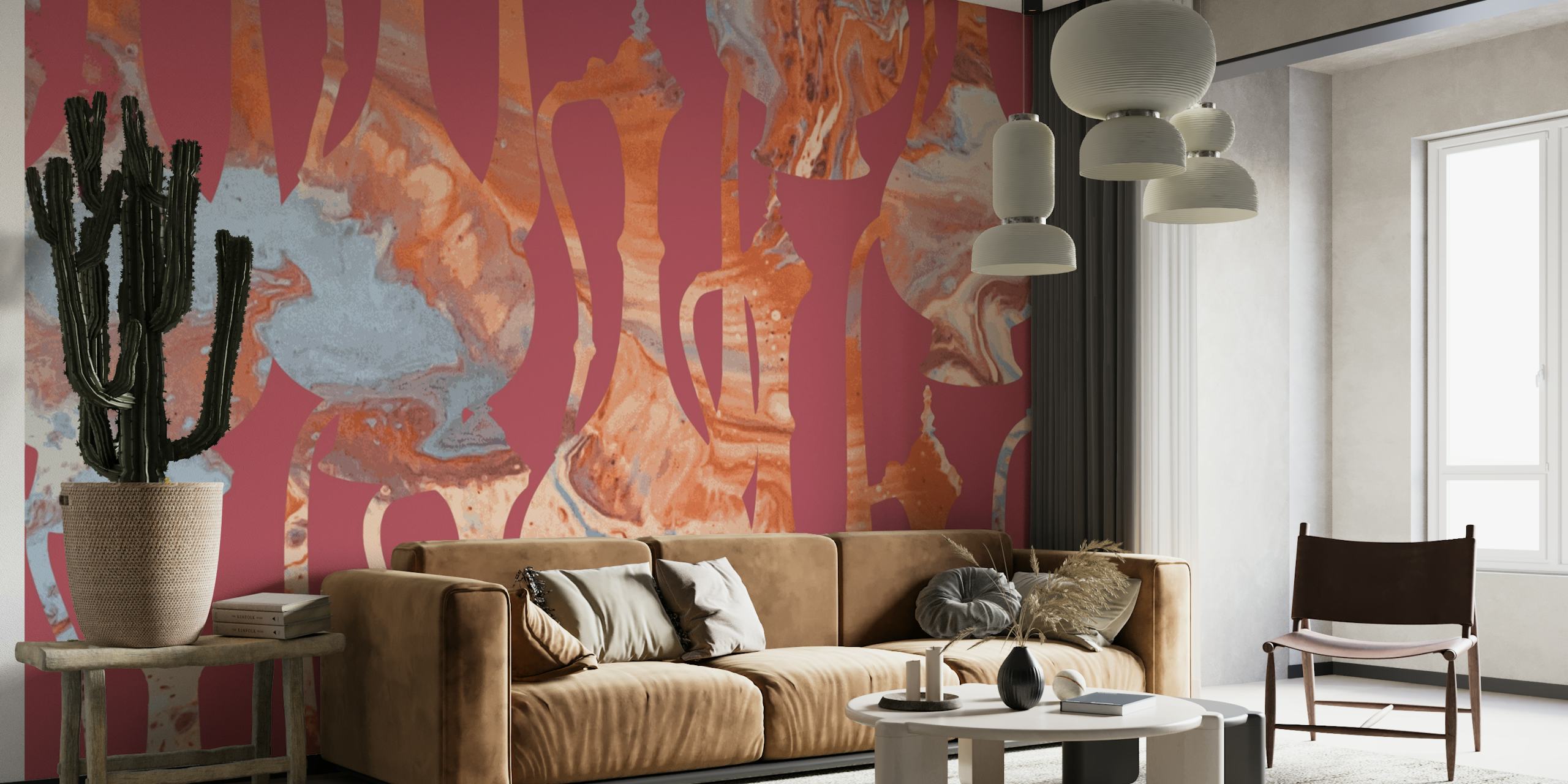 Abstract temple-themed wall mural with warm earth tones and ethereal shapes