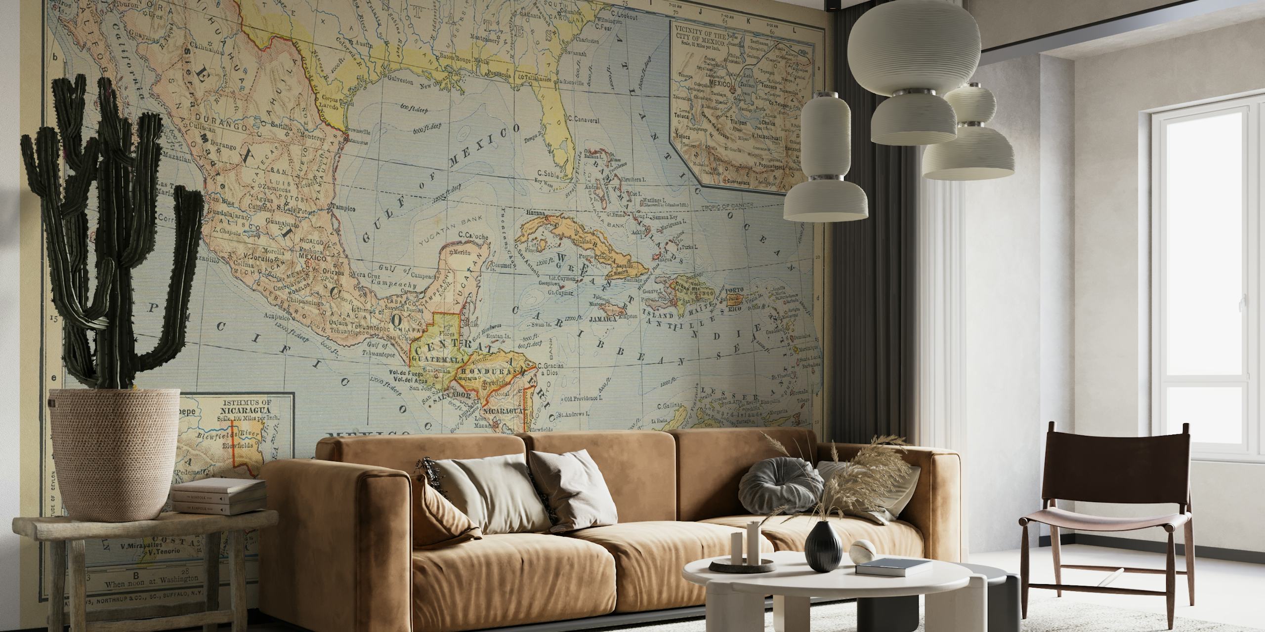 Mural de pared vintage con mapas del Caribe y México que representa una cartografía histórica detallada.