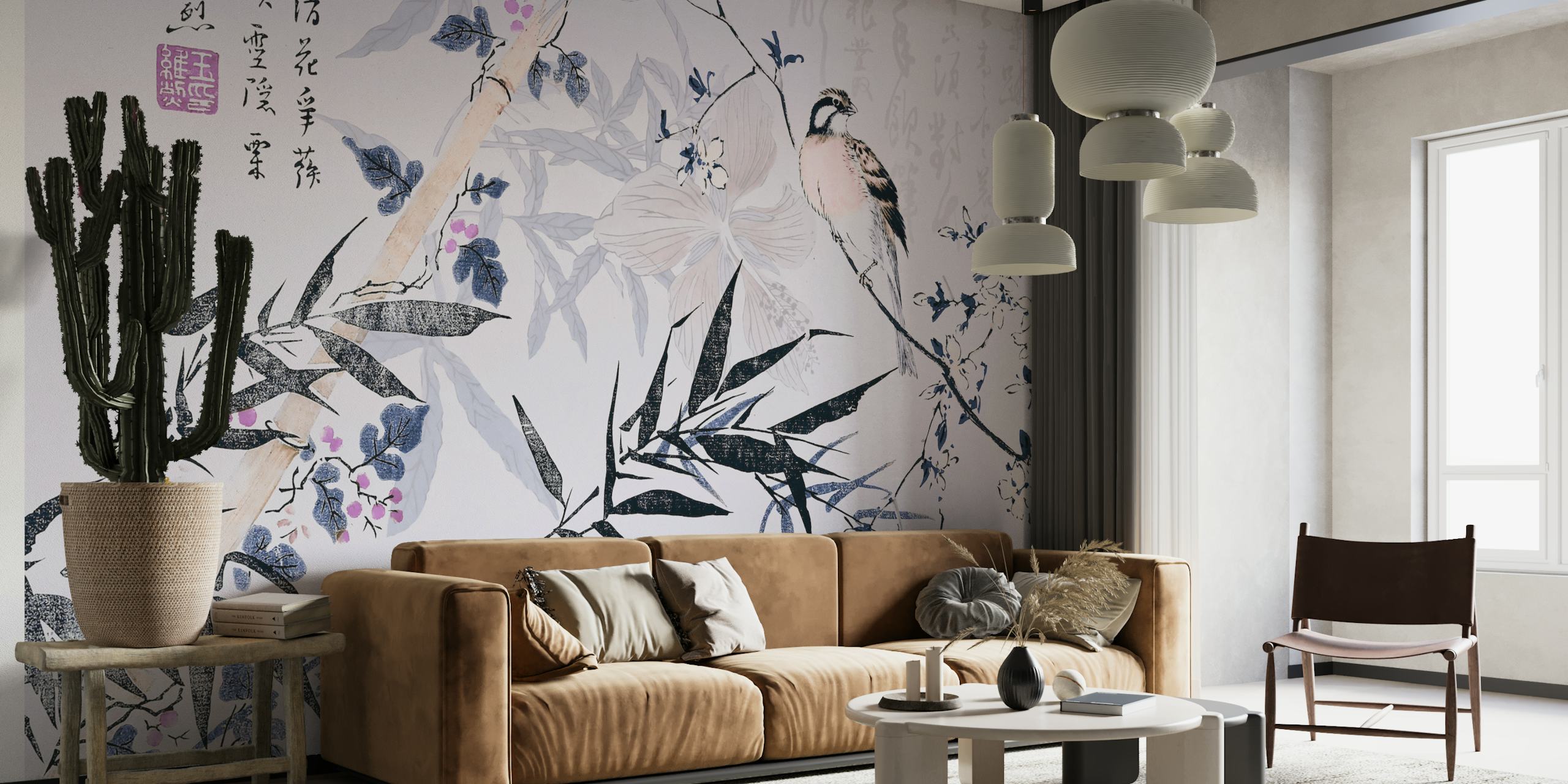 Bamboo and floral designs with blue and pink accents wallpaper