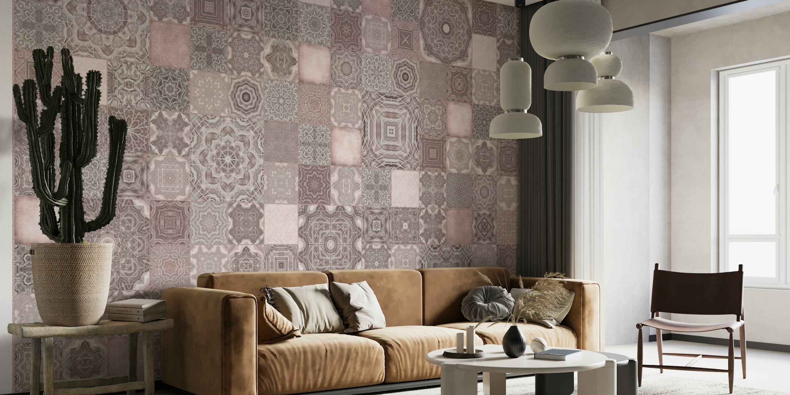 Vintage Tiles Pink papel de parede