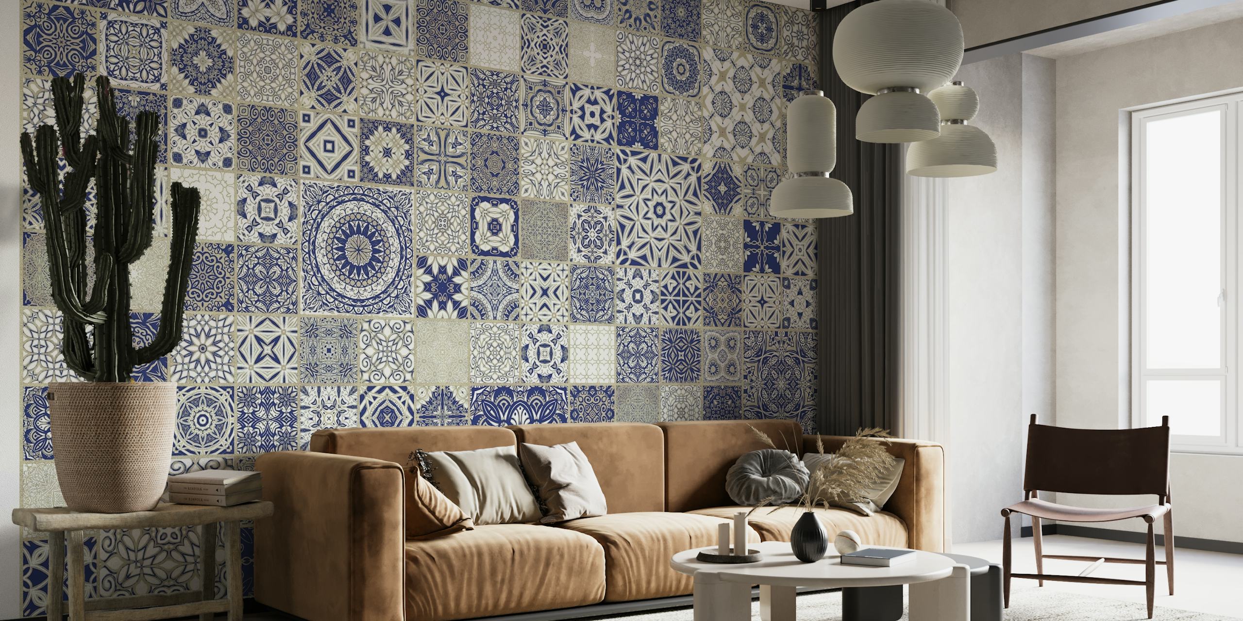 Vintage blue and beige patterned tiles wall mural