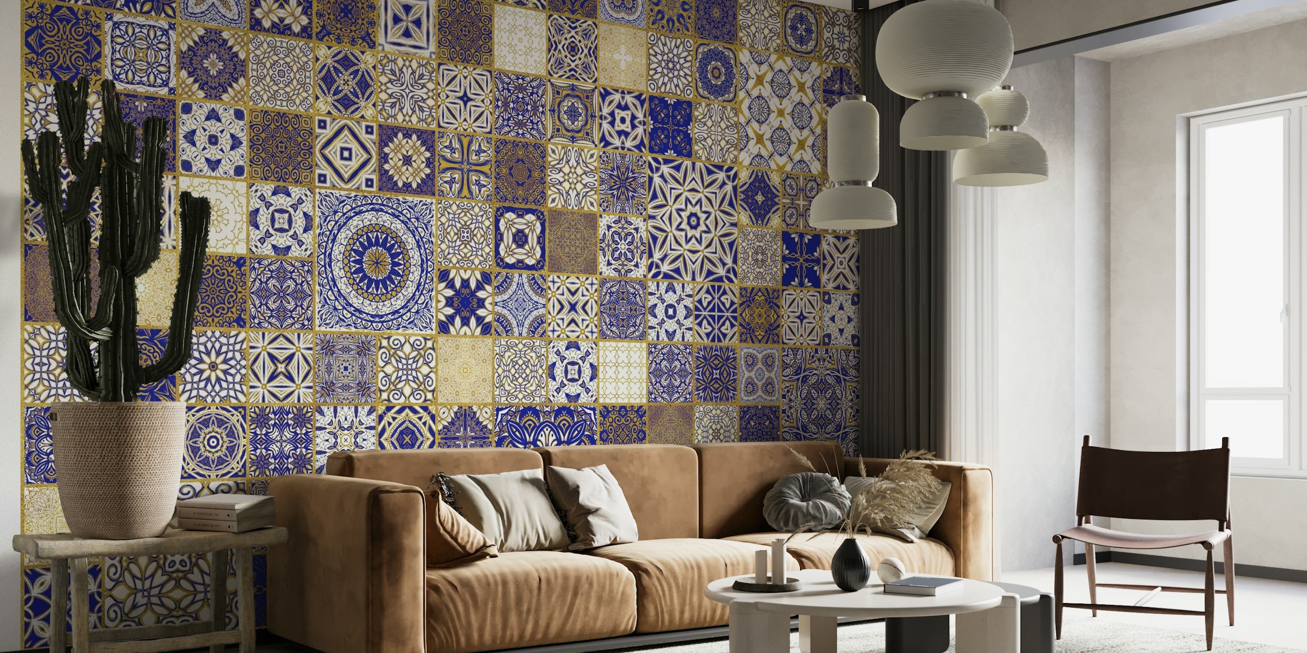 Blue, gold, and white vintage tile patterns wall mural