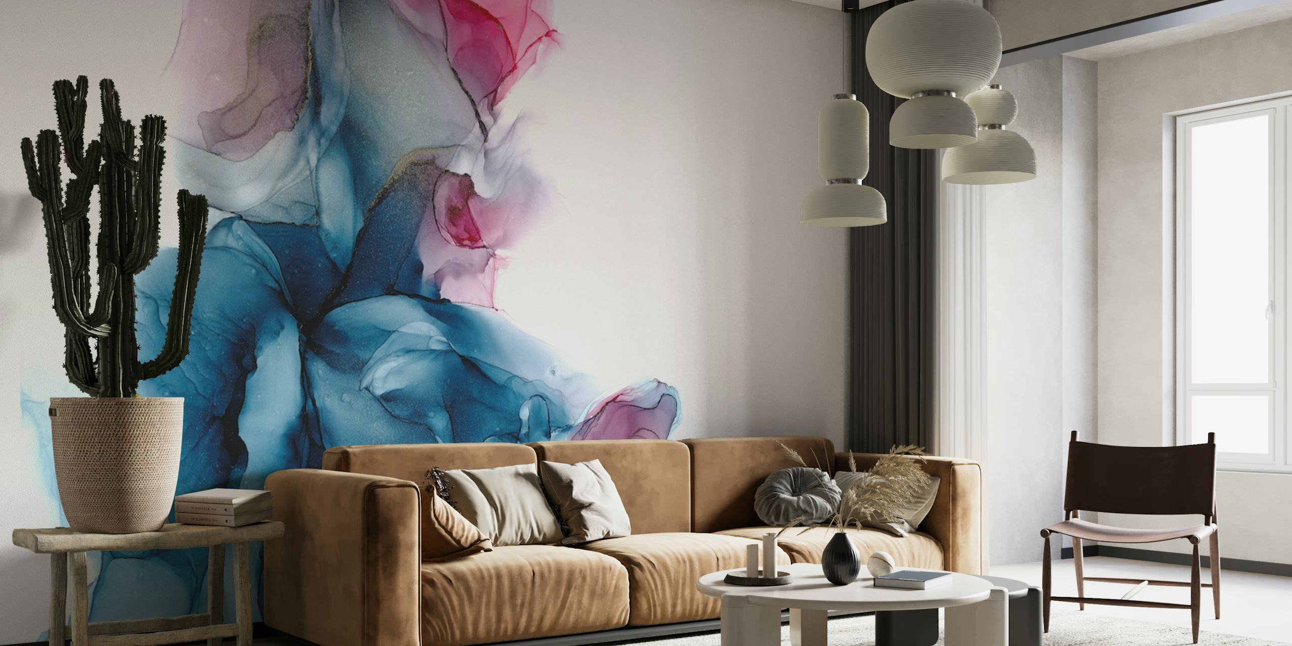 Abstract wall mural featuring the dynamic interaction of magenta and blue hues