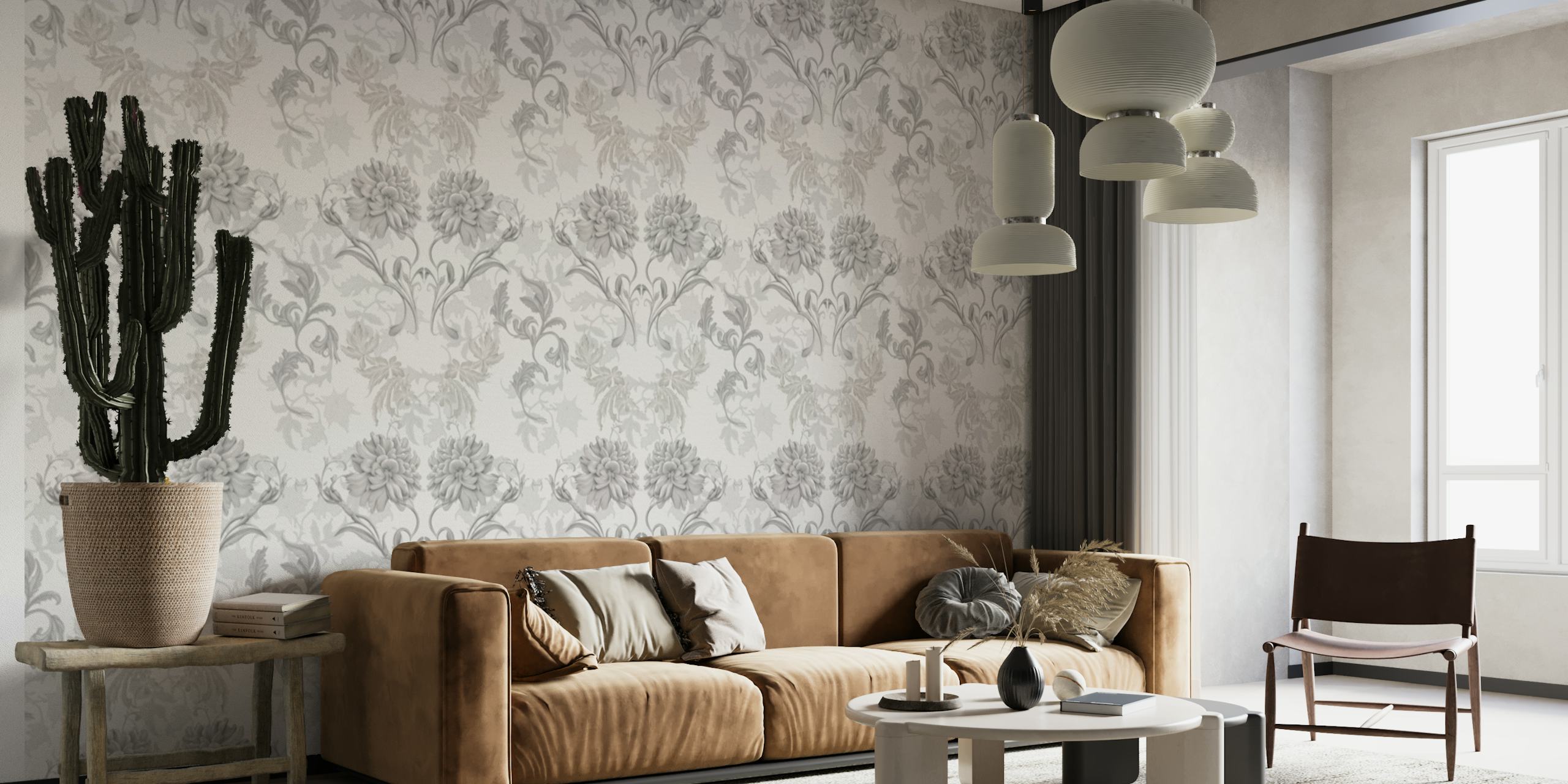 Floral pattern with gray and white hues wallpaper