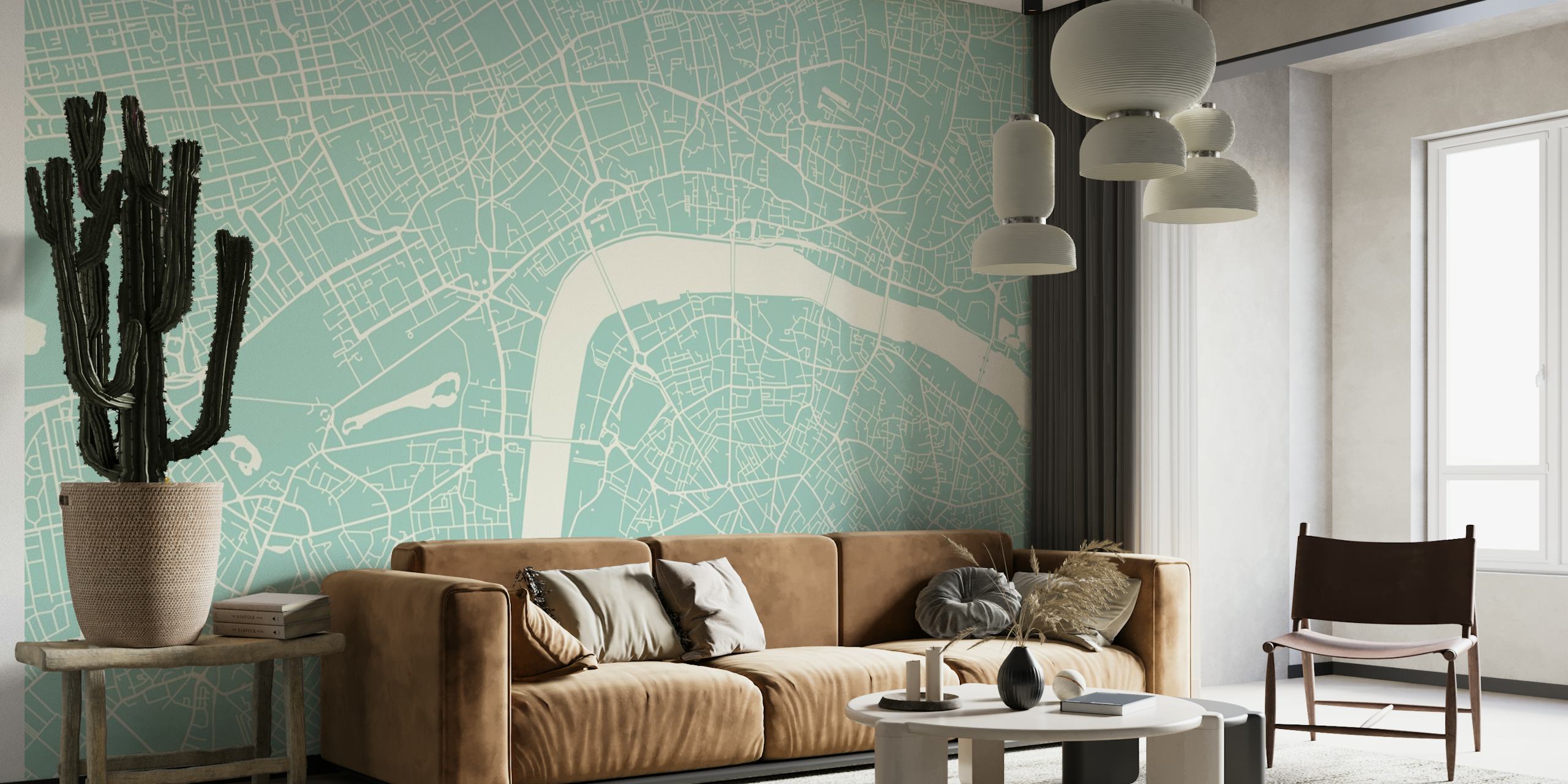 Stylized London map in soft teal with city streets details wallpaper
