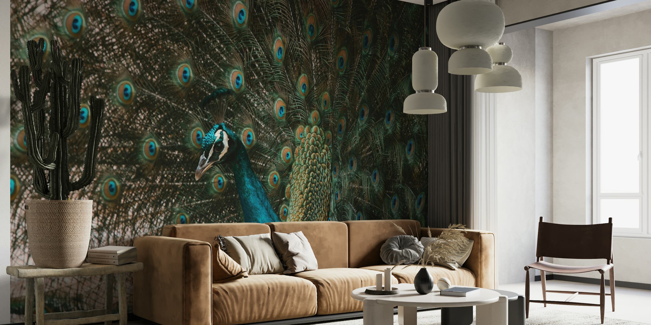 Peacock feathers in vibrant green and blue tones wallpaper