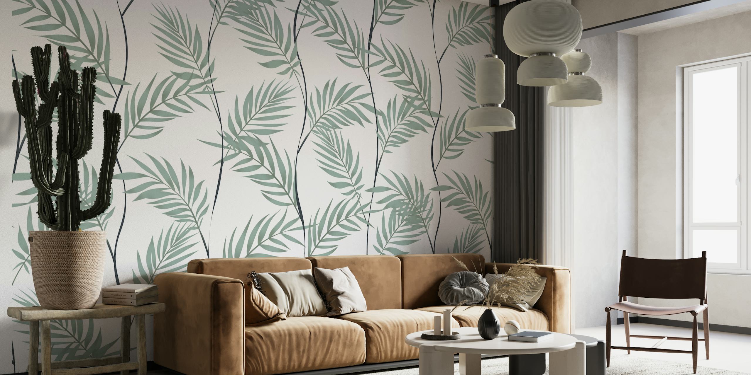 Teal creeper leaves pattern on white background wall mural