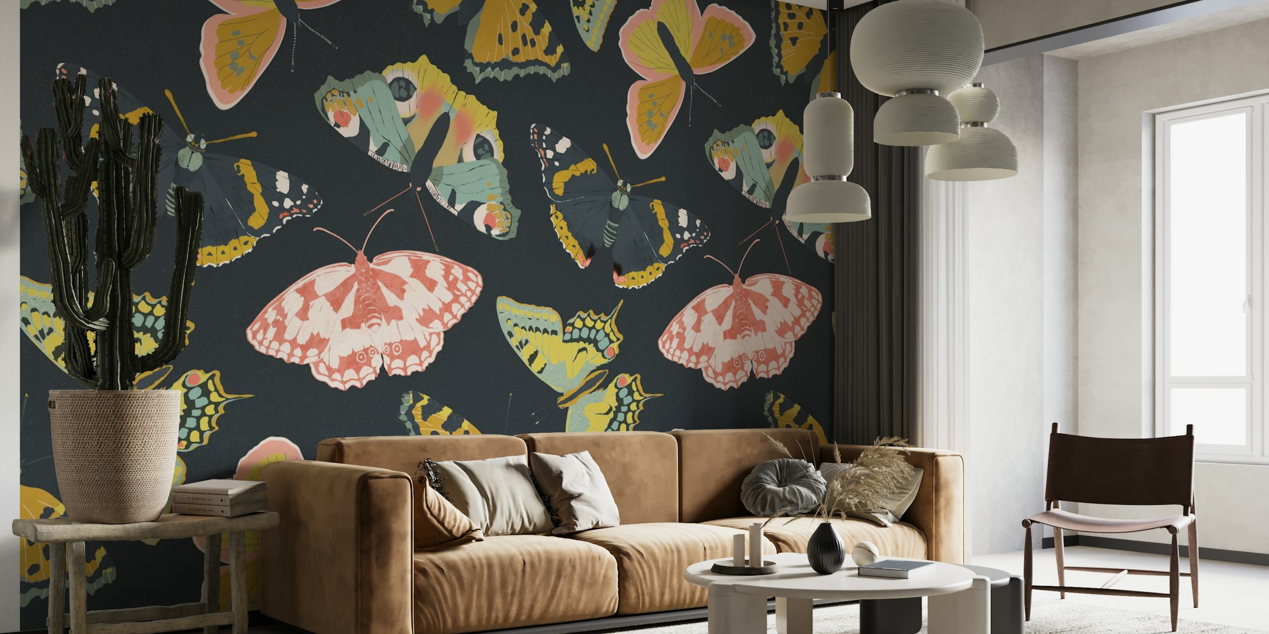 Colorful butterflies on a dark background wall mural
