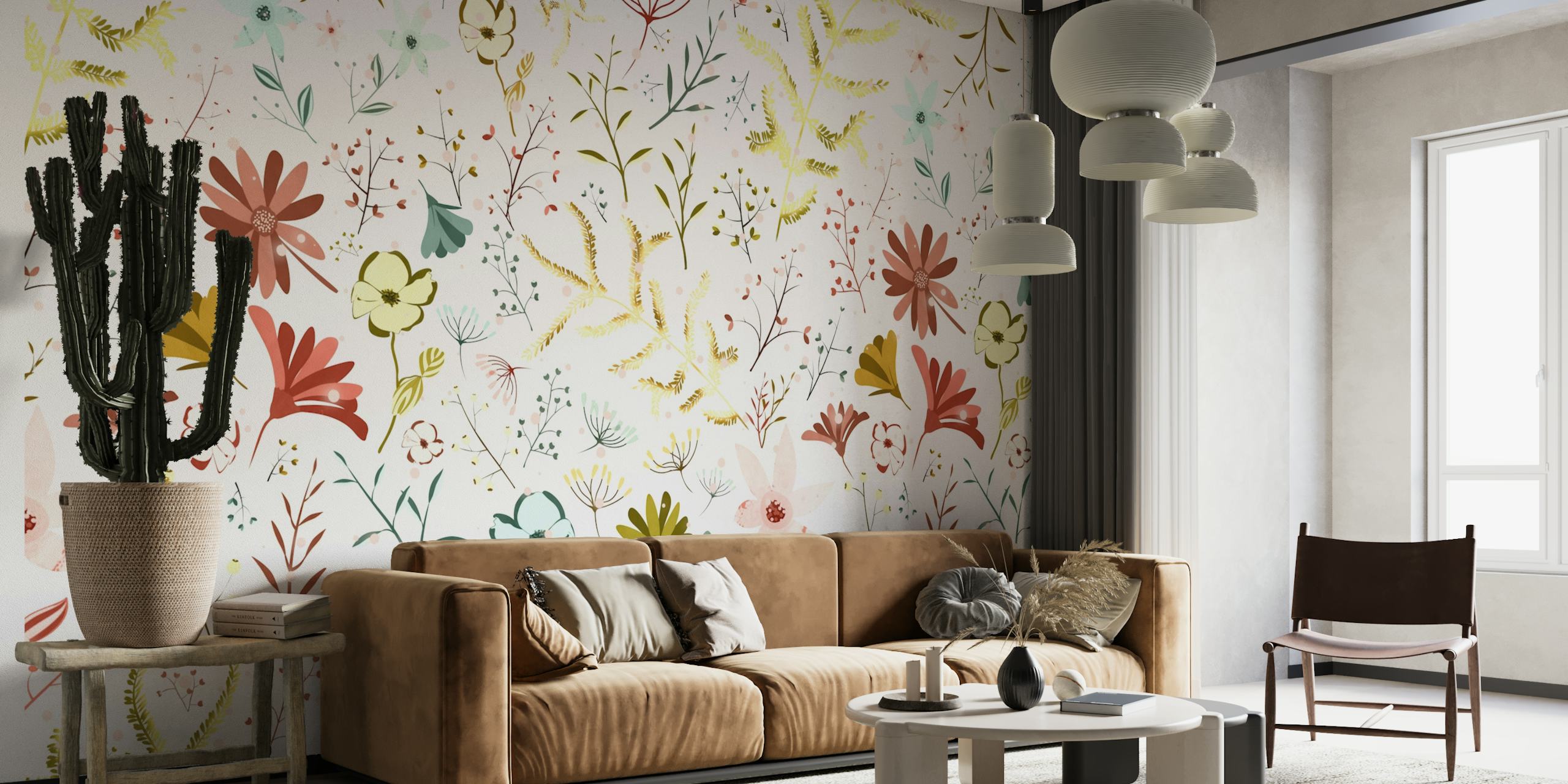 Fortryllende vægmaleri med en hvid ildfluehave med blomster og løv